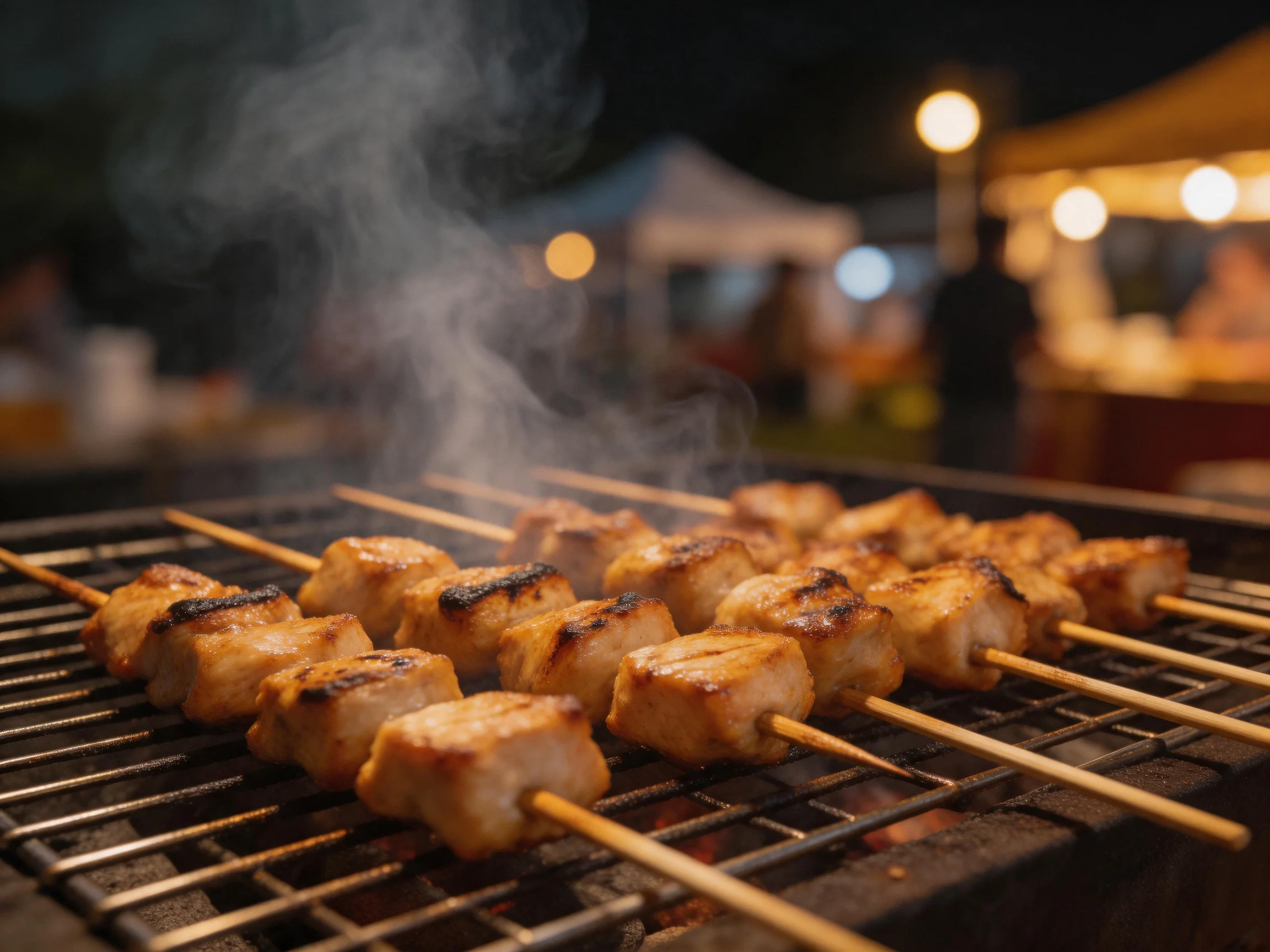 Skewered meat grills over a hot surface with rising smoke