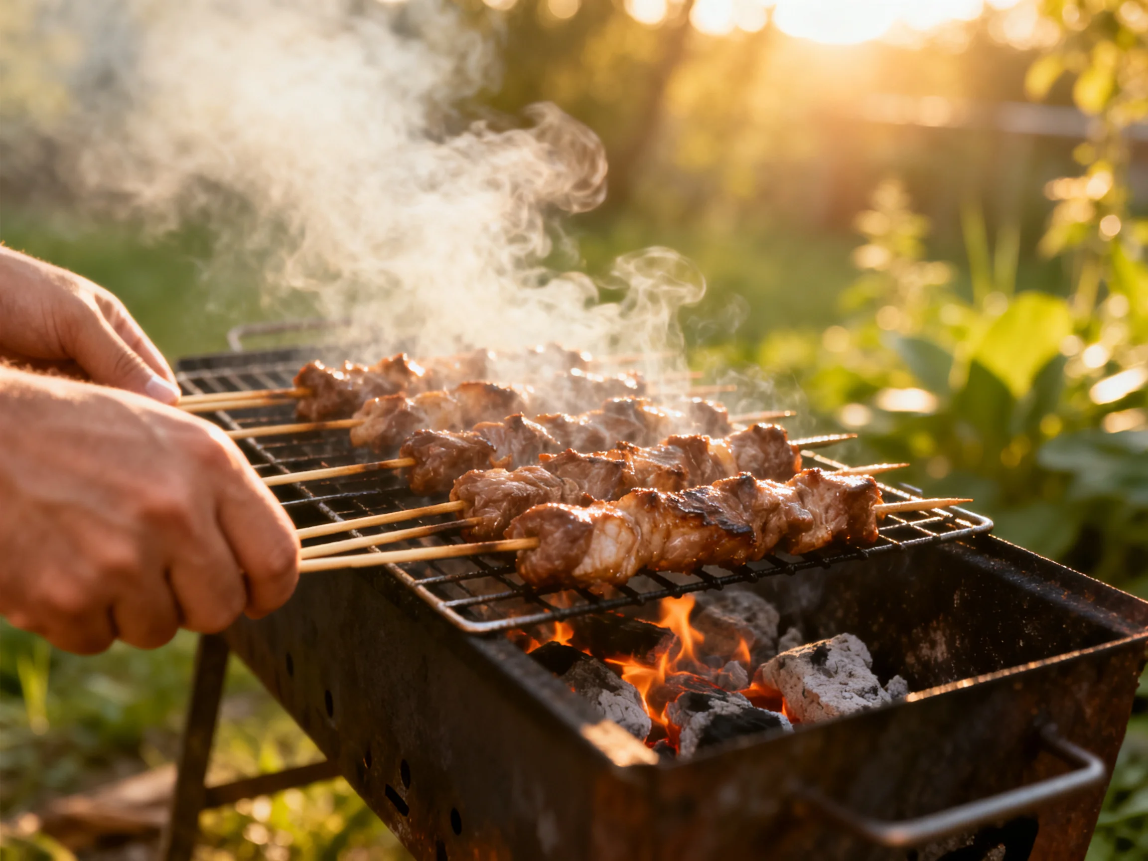 Skewered meat grills over charcoal in a sunny backyard