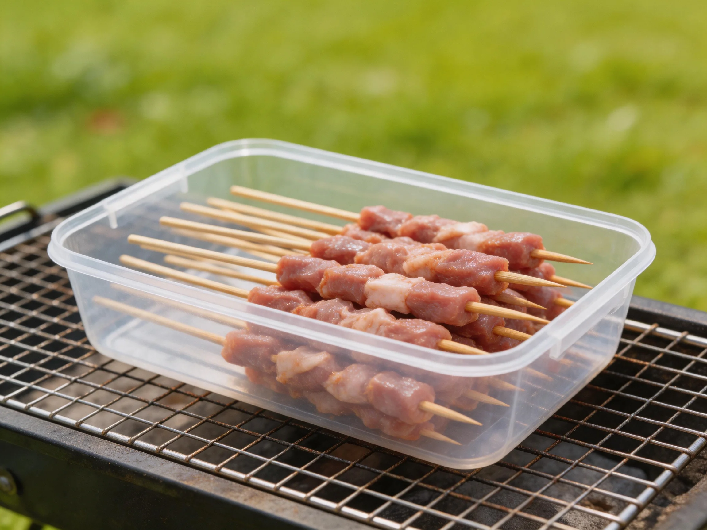 Skewered meat in a plastic container on an outdoor grill