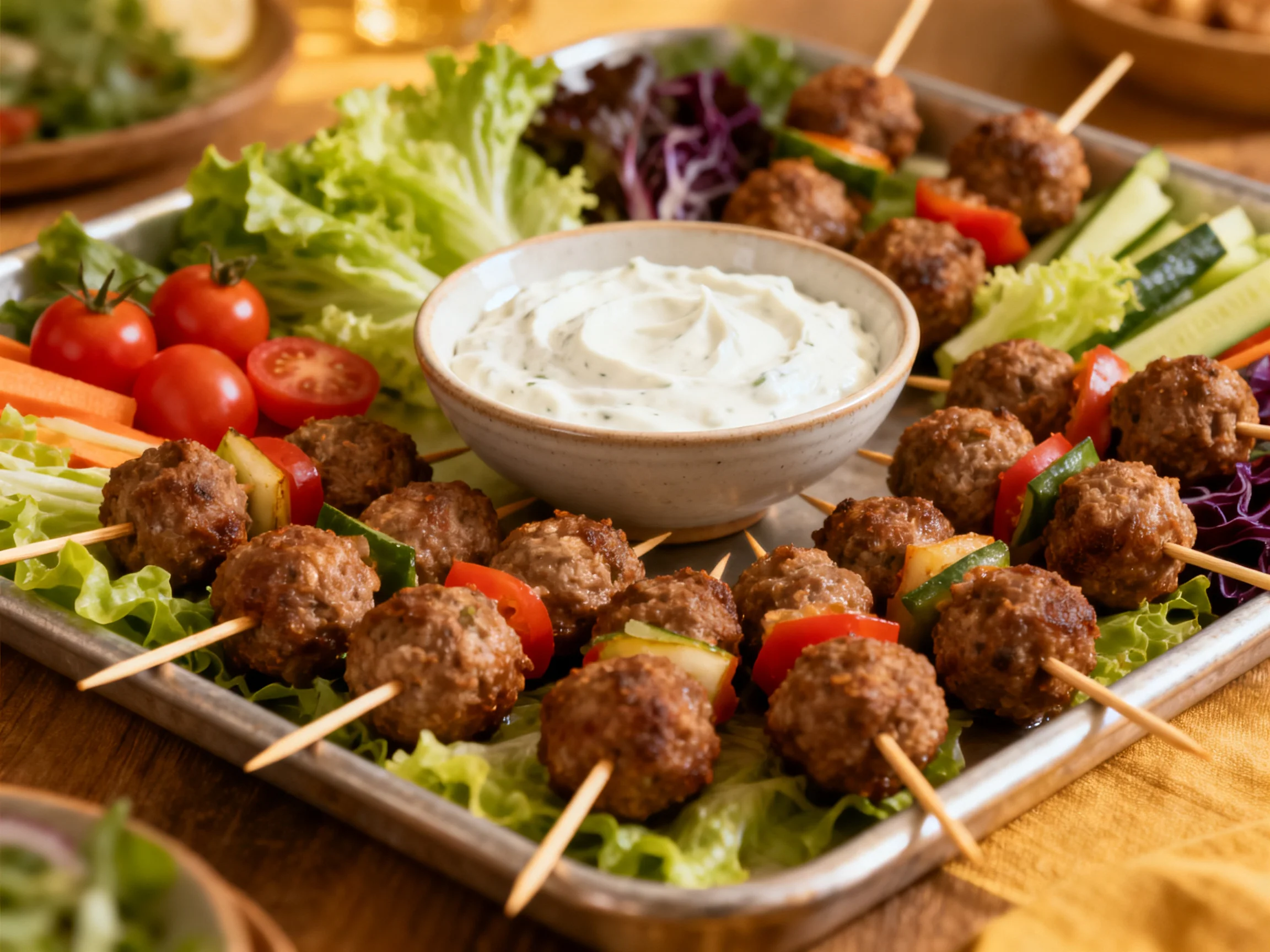 Skewered meatballs, fresh vegetables, and creamy dip on serving tray