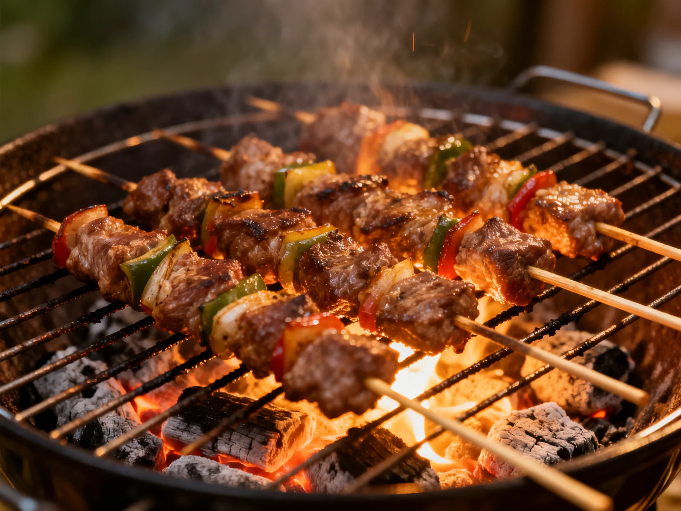 Skewered meats and colorful vegetables cook over flaming charcoal embers