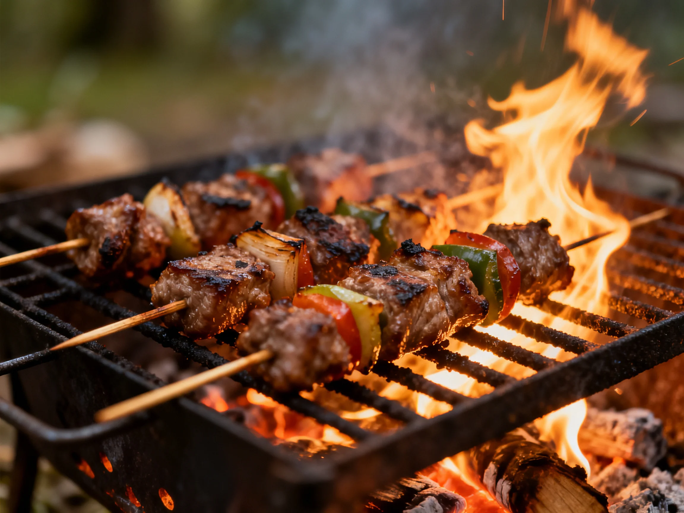 Skewered meats and colorful veggies grill over bright flames