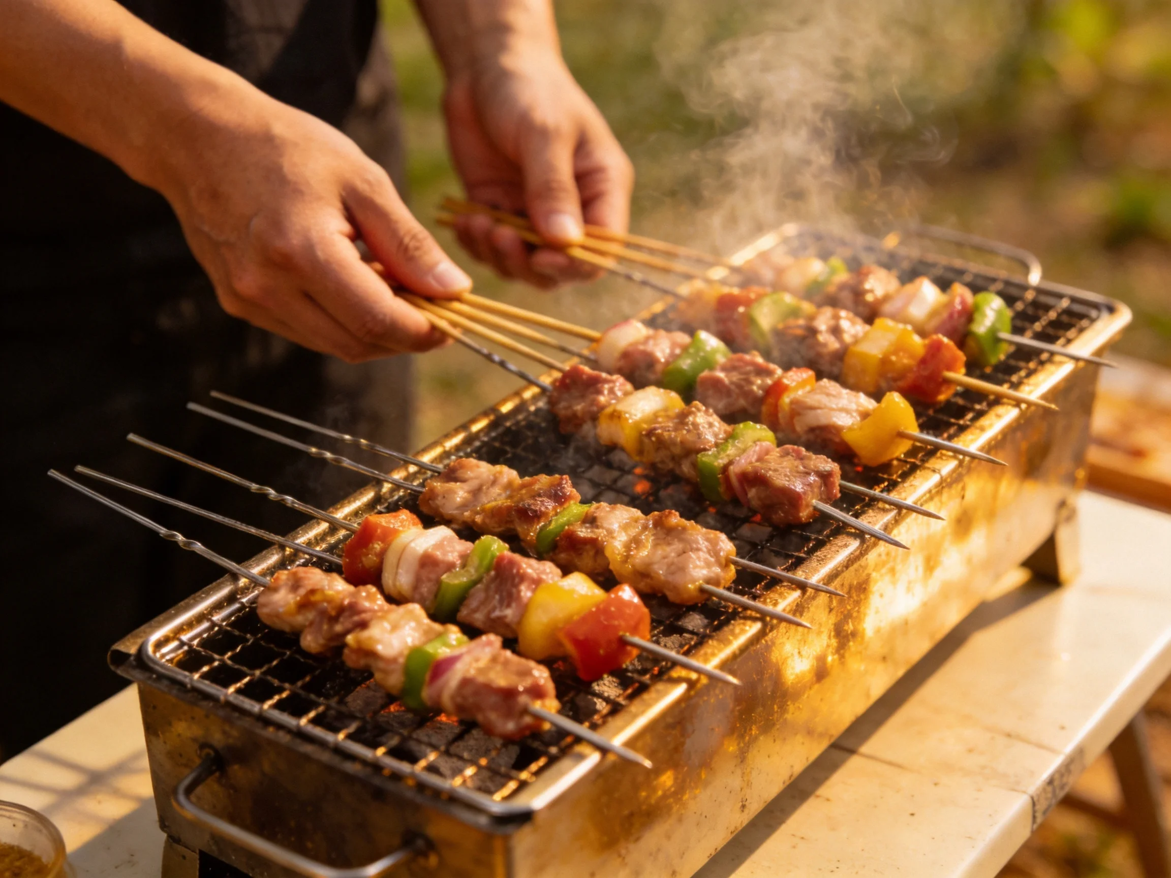 Skewered meats and colorful veggies grilled on an outdoor portable barbecue