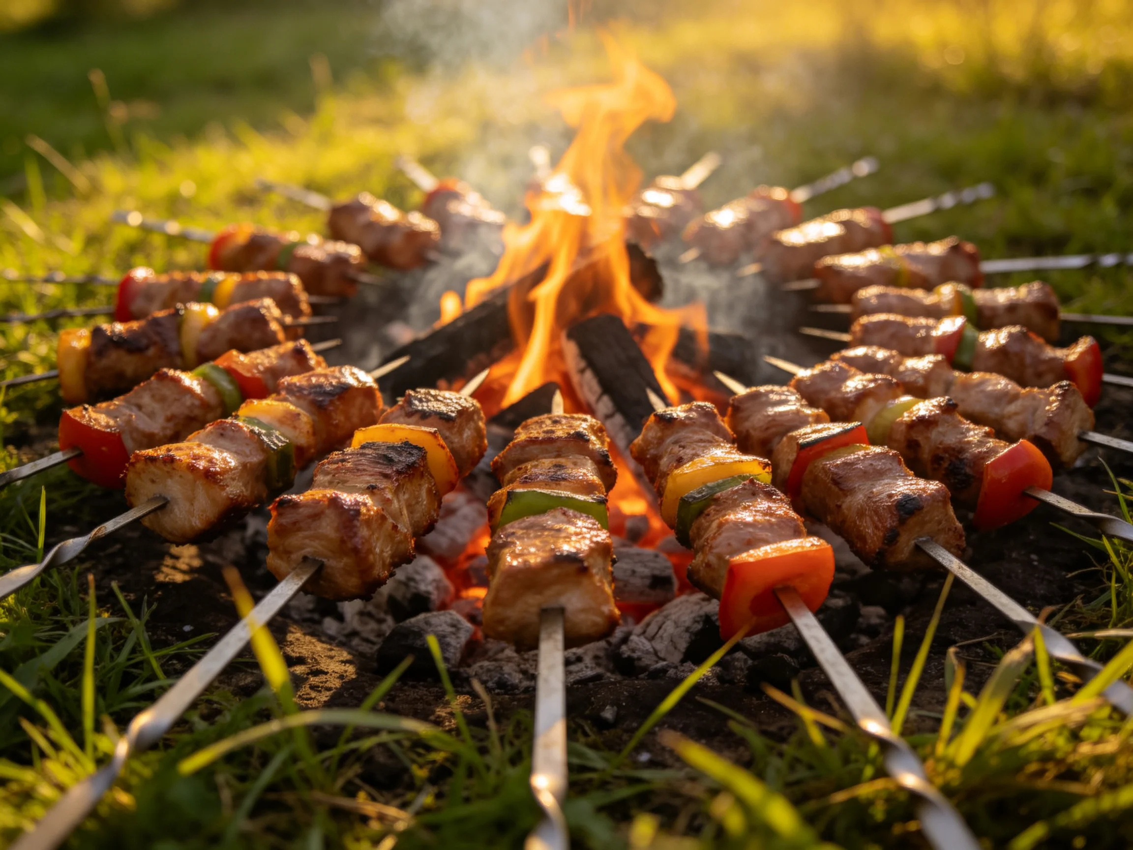 Skewered meats and colorful veggies roasted over a bright campfire