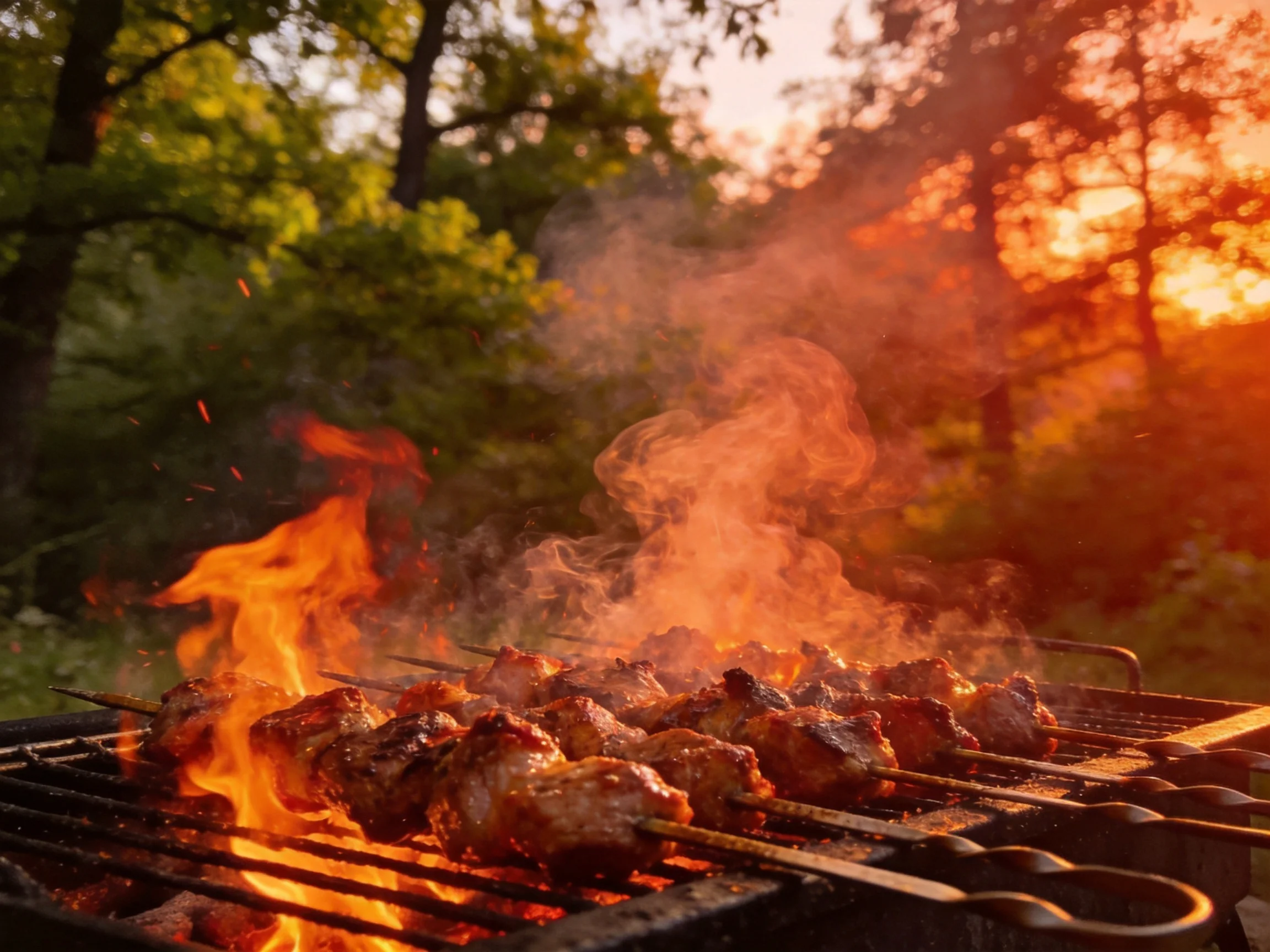 Skewered meats cook over bright flames in a forested sunset setting