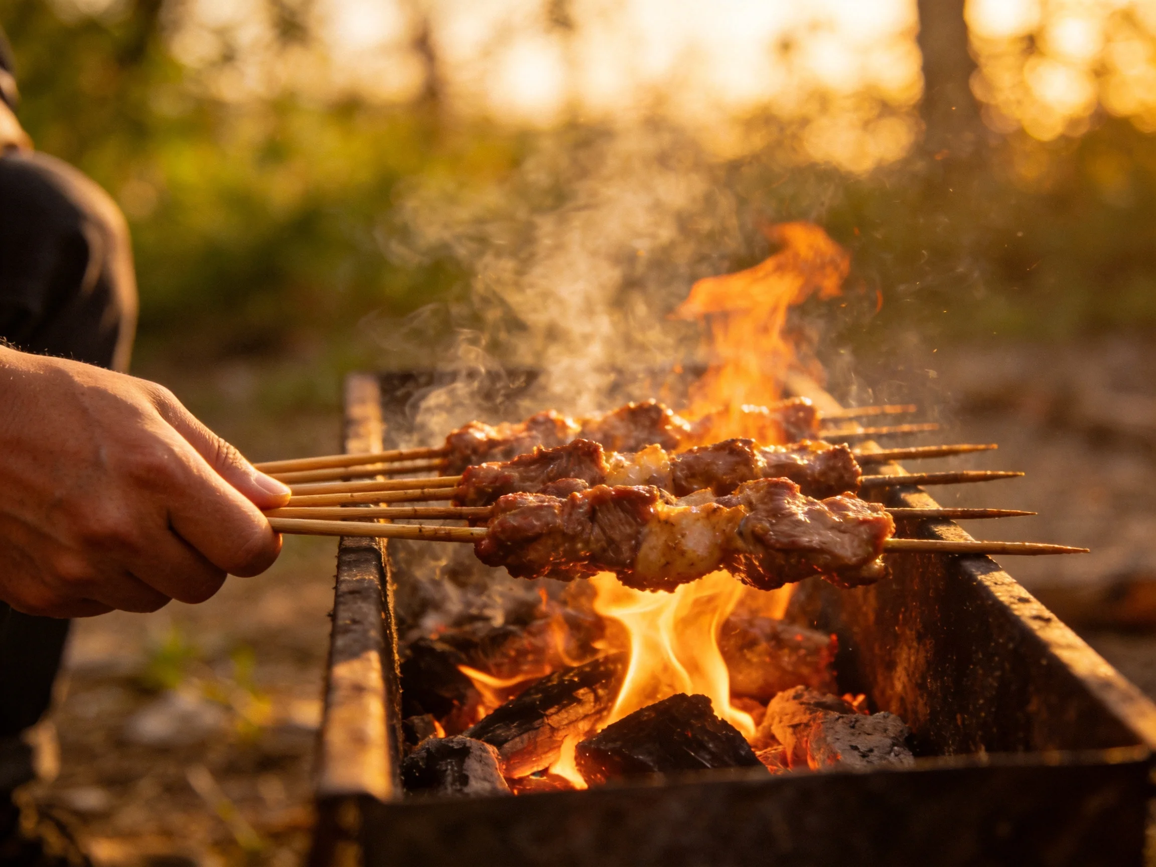Skewered meats cook over bright flames in an outdoor grill
