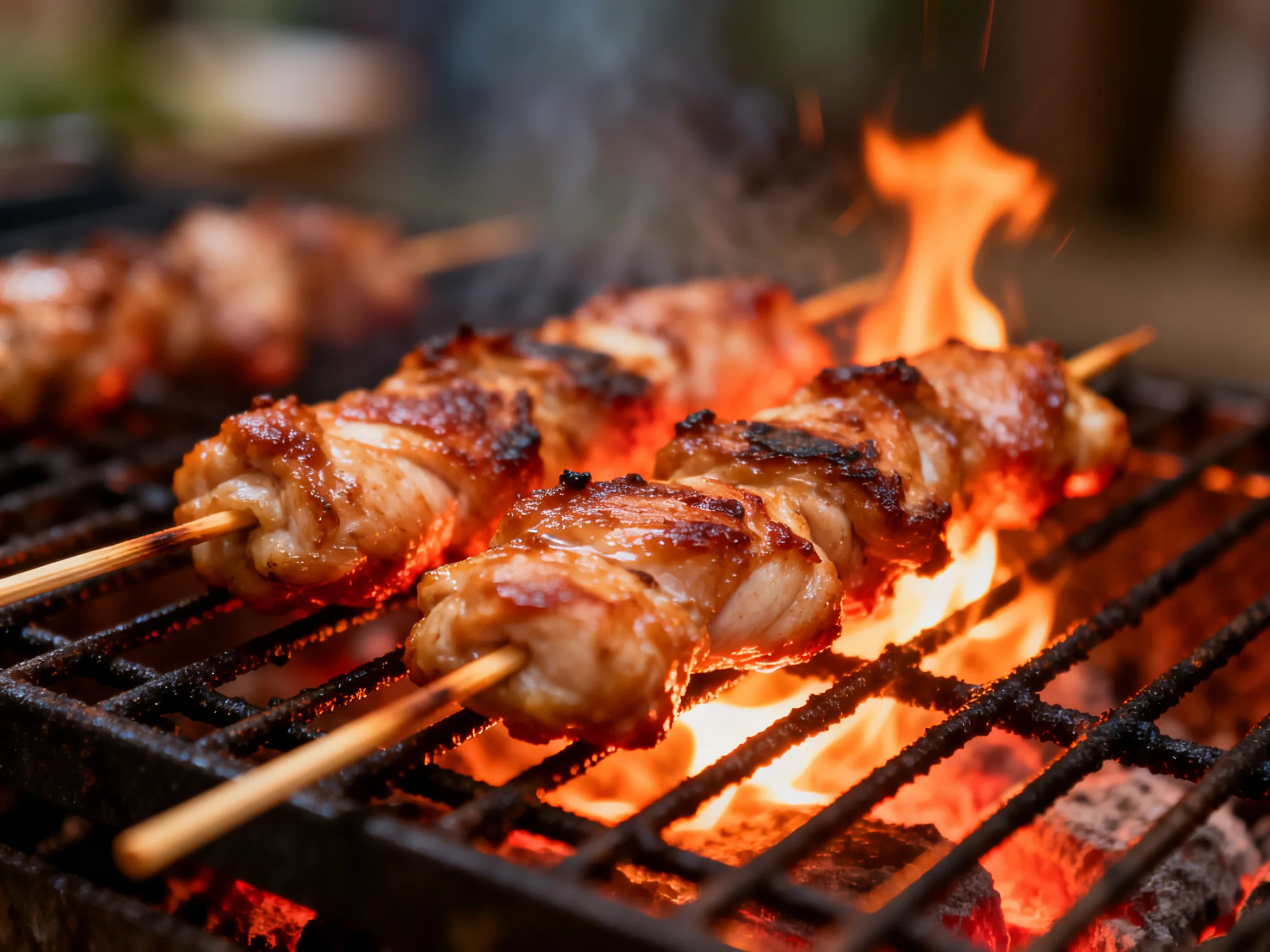 Skewered meats grill over bright orange flames on a black grill