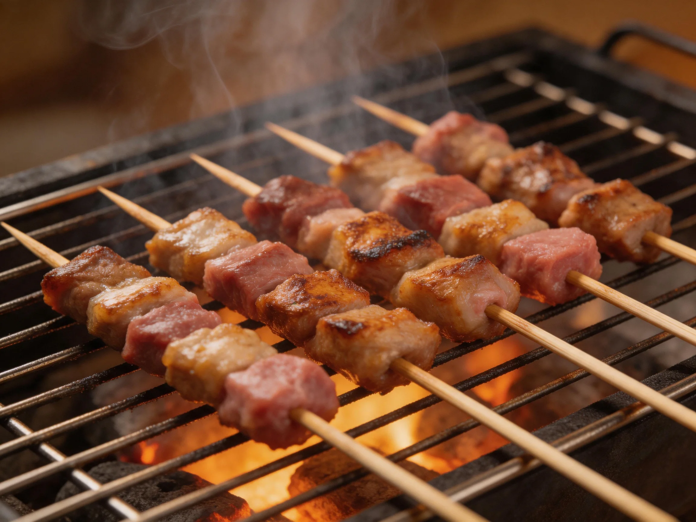 Skewered meats grill over open flame with rising smoke