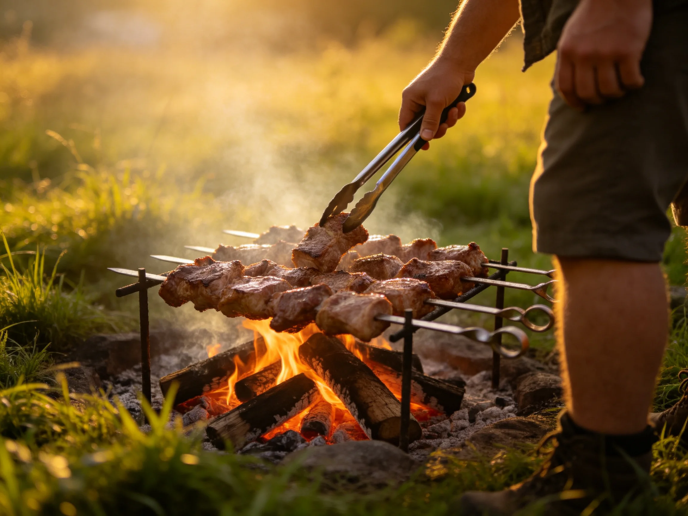 Skewered meats grilled over a campfire in a sunlit grassy area