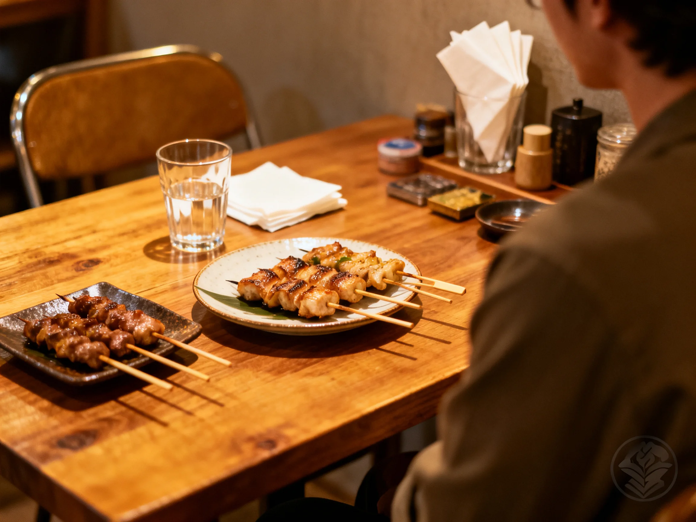 Skewered meats served on a polished wooden table with glassware and napkins