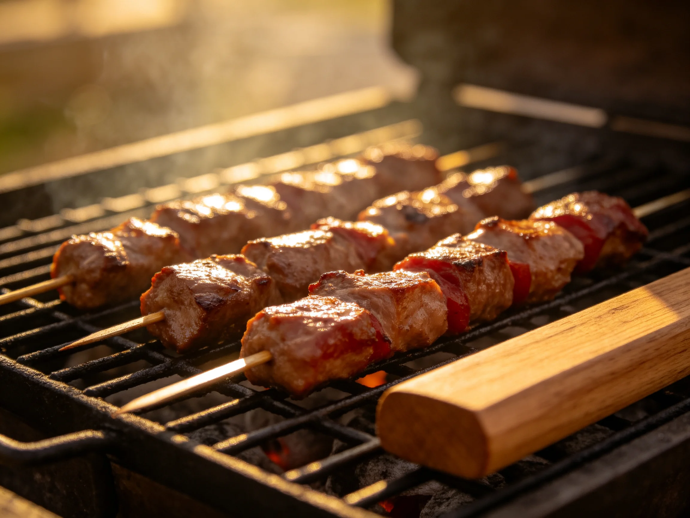 Skewered meats sizzle on a black charcoal grill under golden light