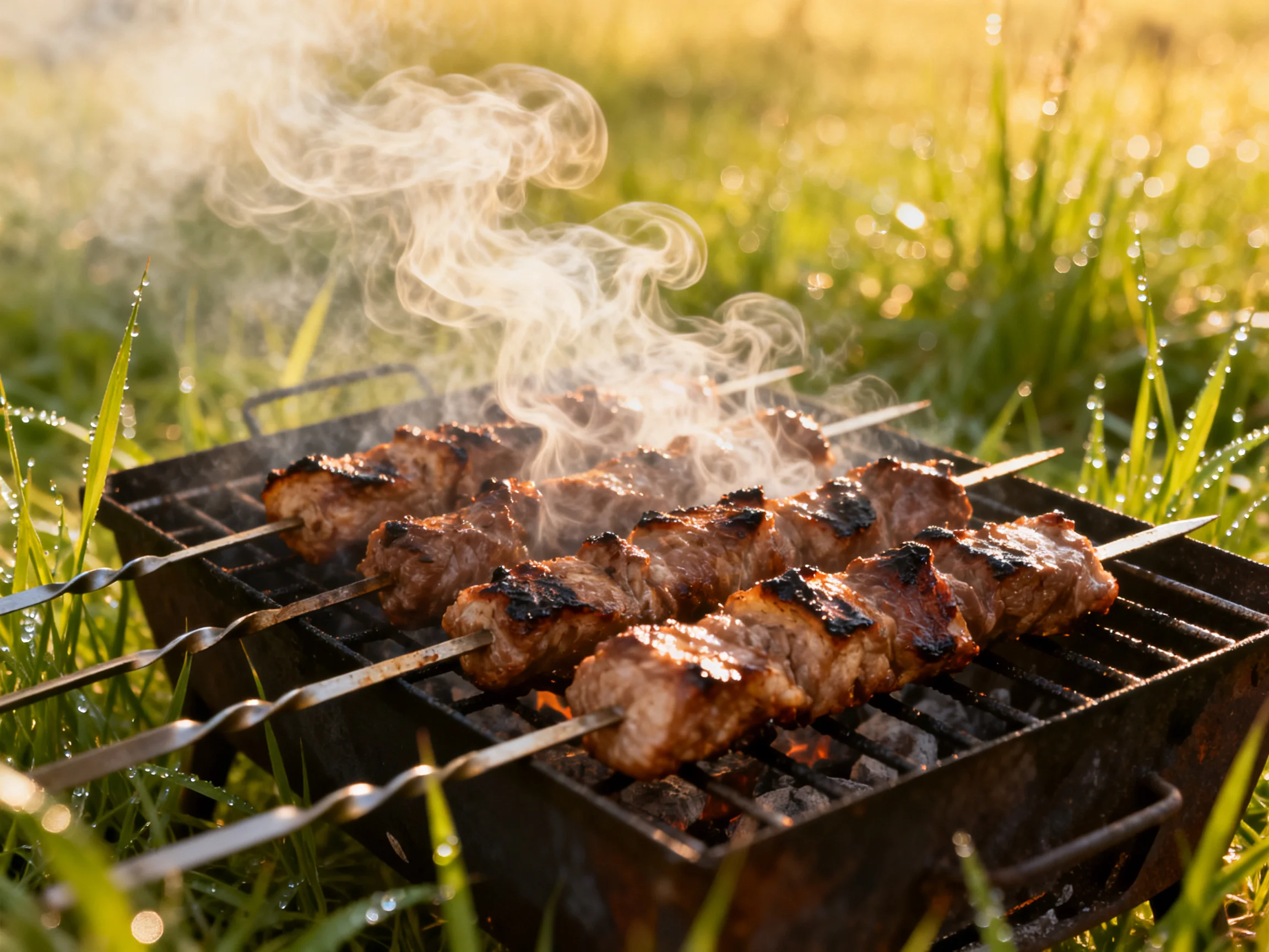 Skewered meats sizzle on a portable grill outdoors