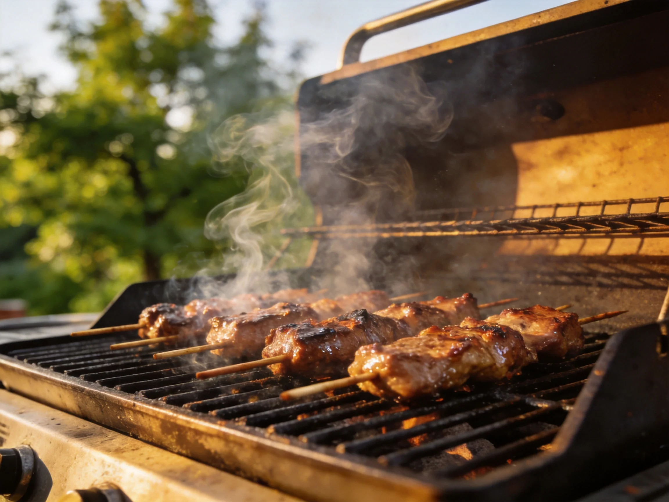 Skewered meats sizzle on an open outdoor gas grill