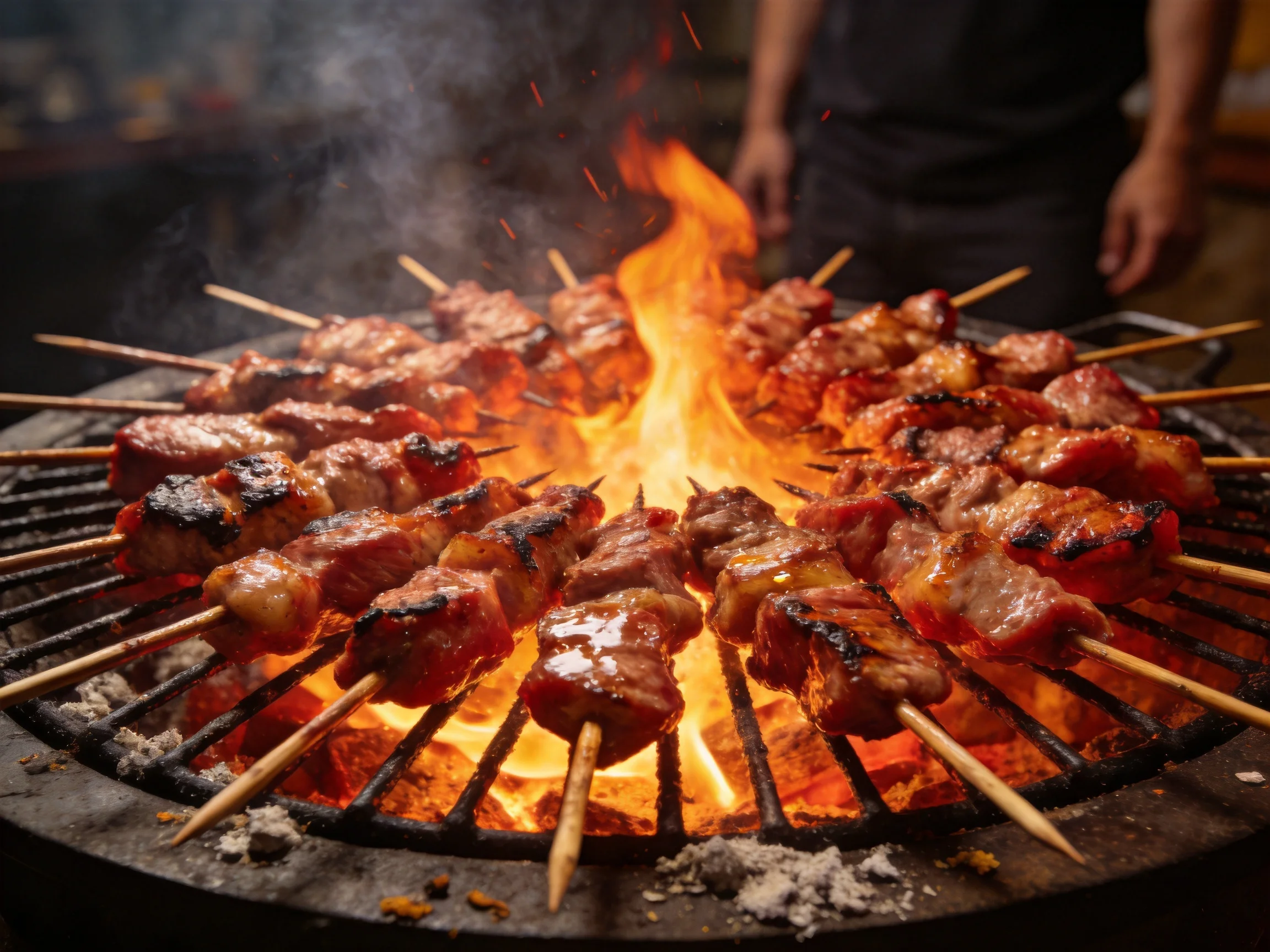 Skewered meats sizzle over a blazing central fire on a round grill