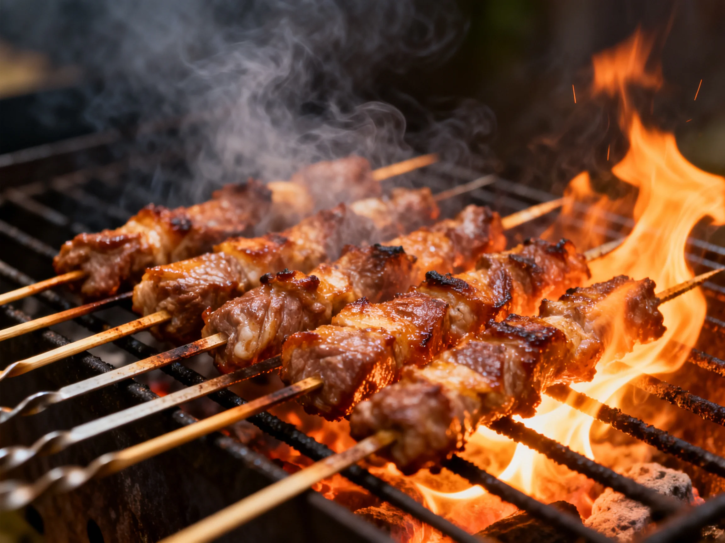 Skewered meats sizzle over bright flames on a charcoal grill
