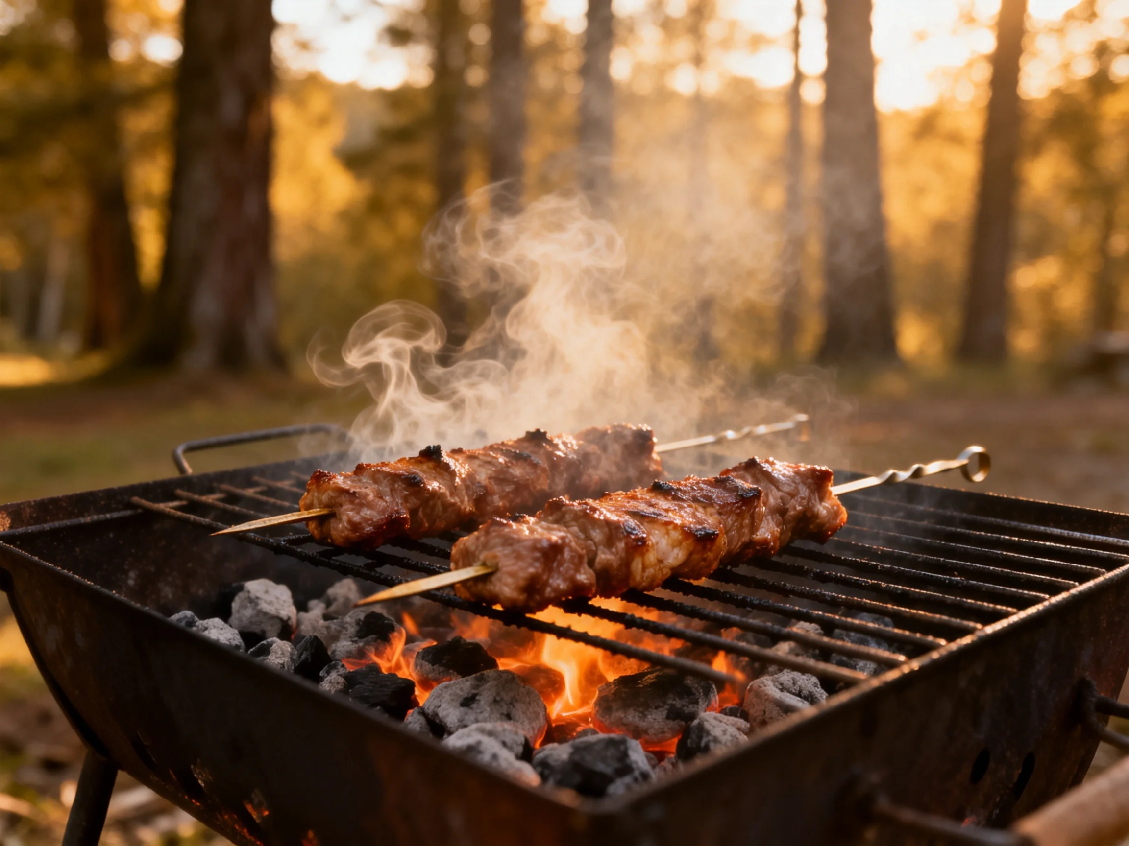 Skewered meats sizzle over charcoal in a sunlit forest clearing