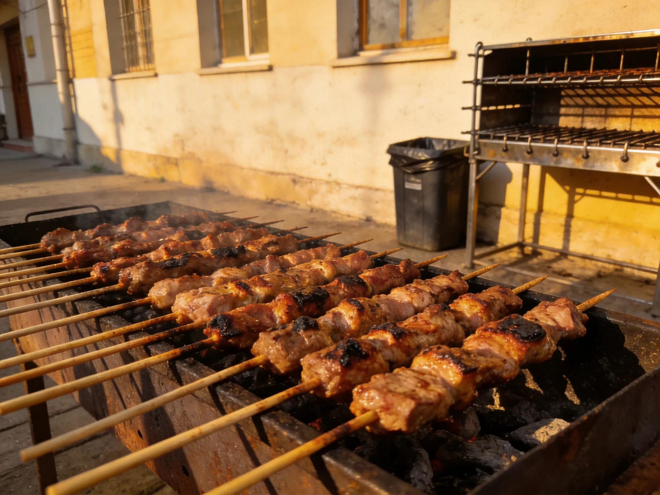 Skewered meats sizzle over charcoal near an aged yellow building