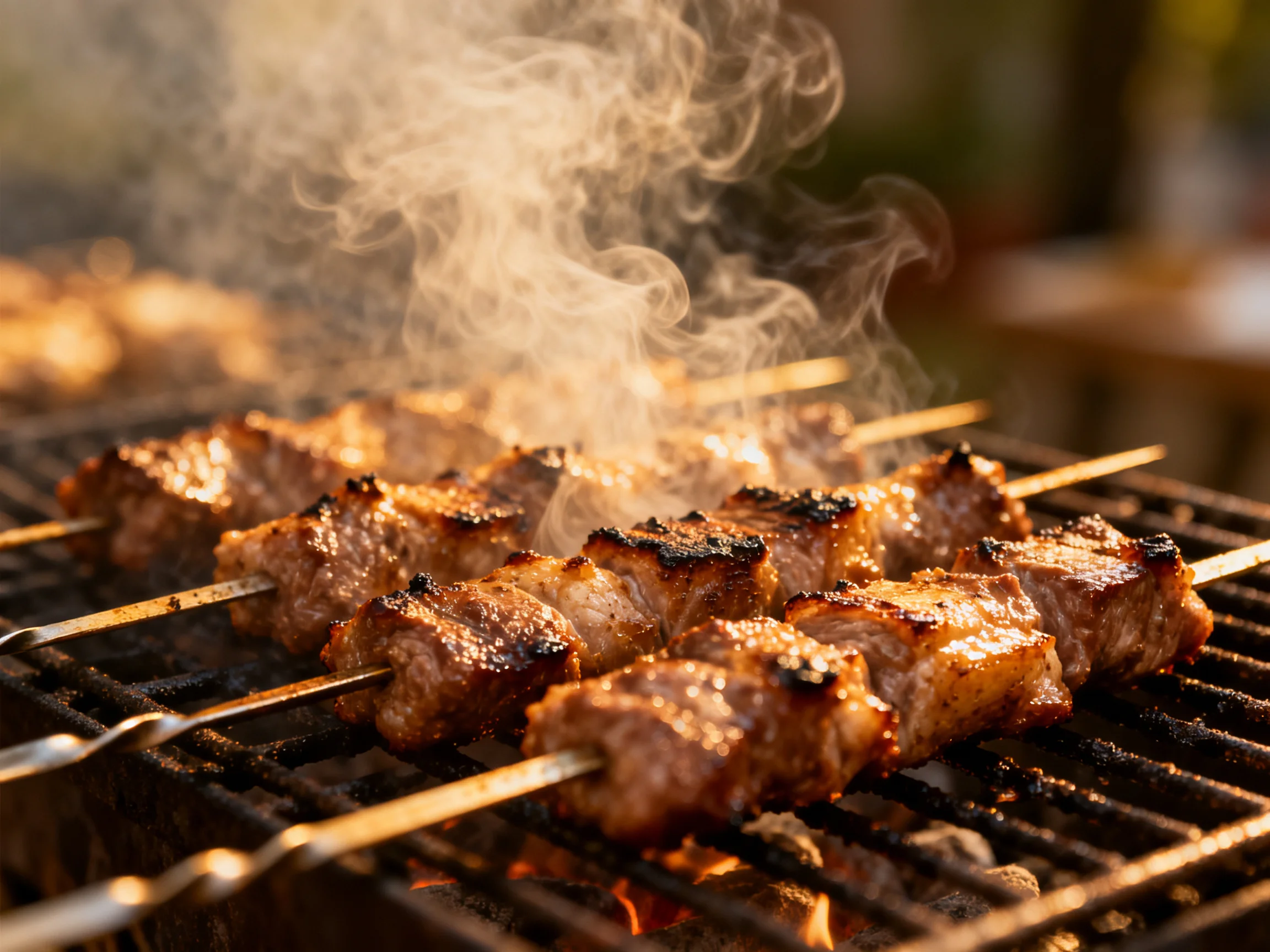 Skewered meats sizzle over smoky embers with golden-brown tones