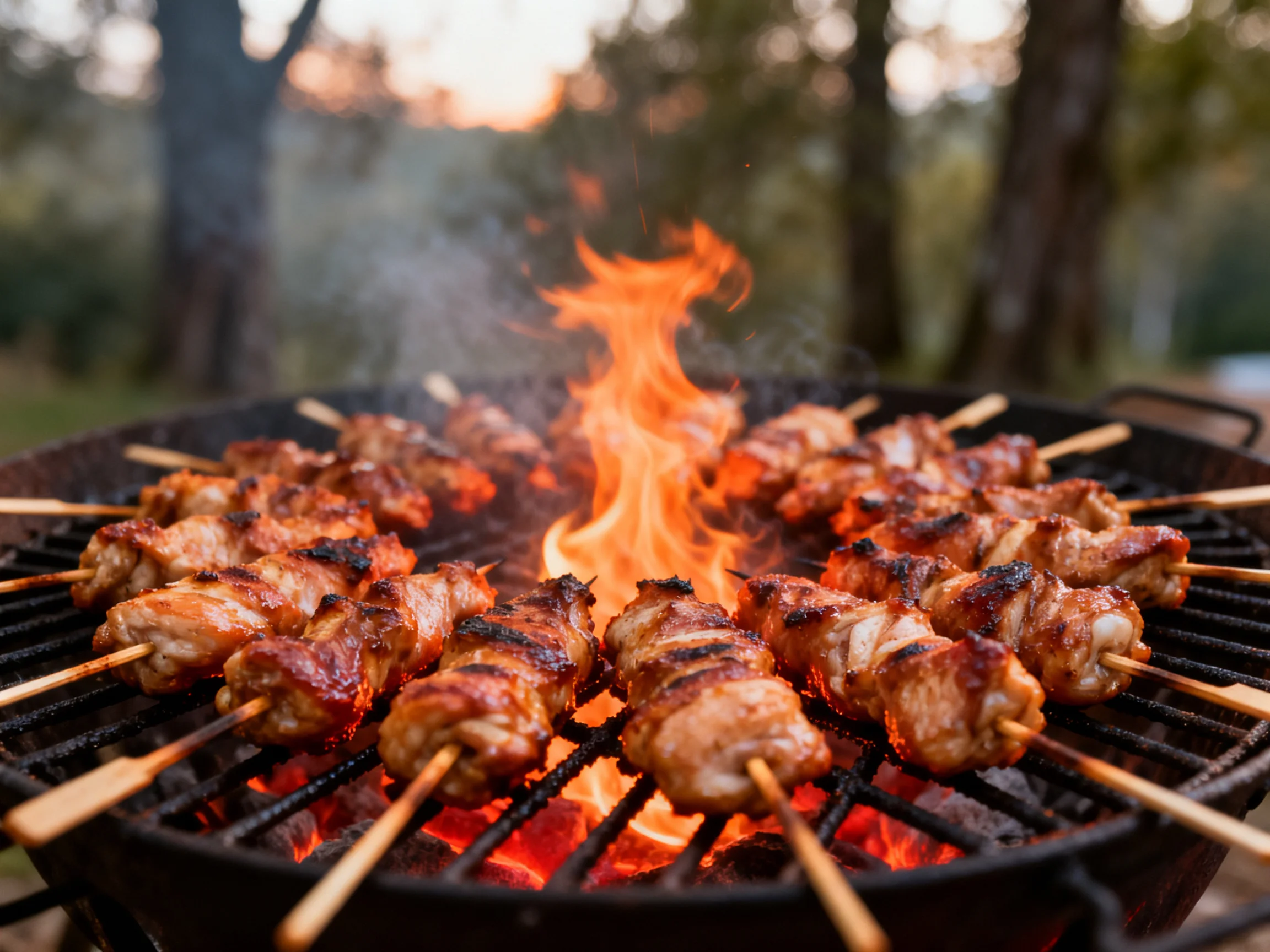 Skewered meats sizzle over vibrant flames on an outdoor grill