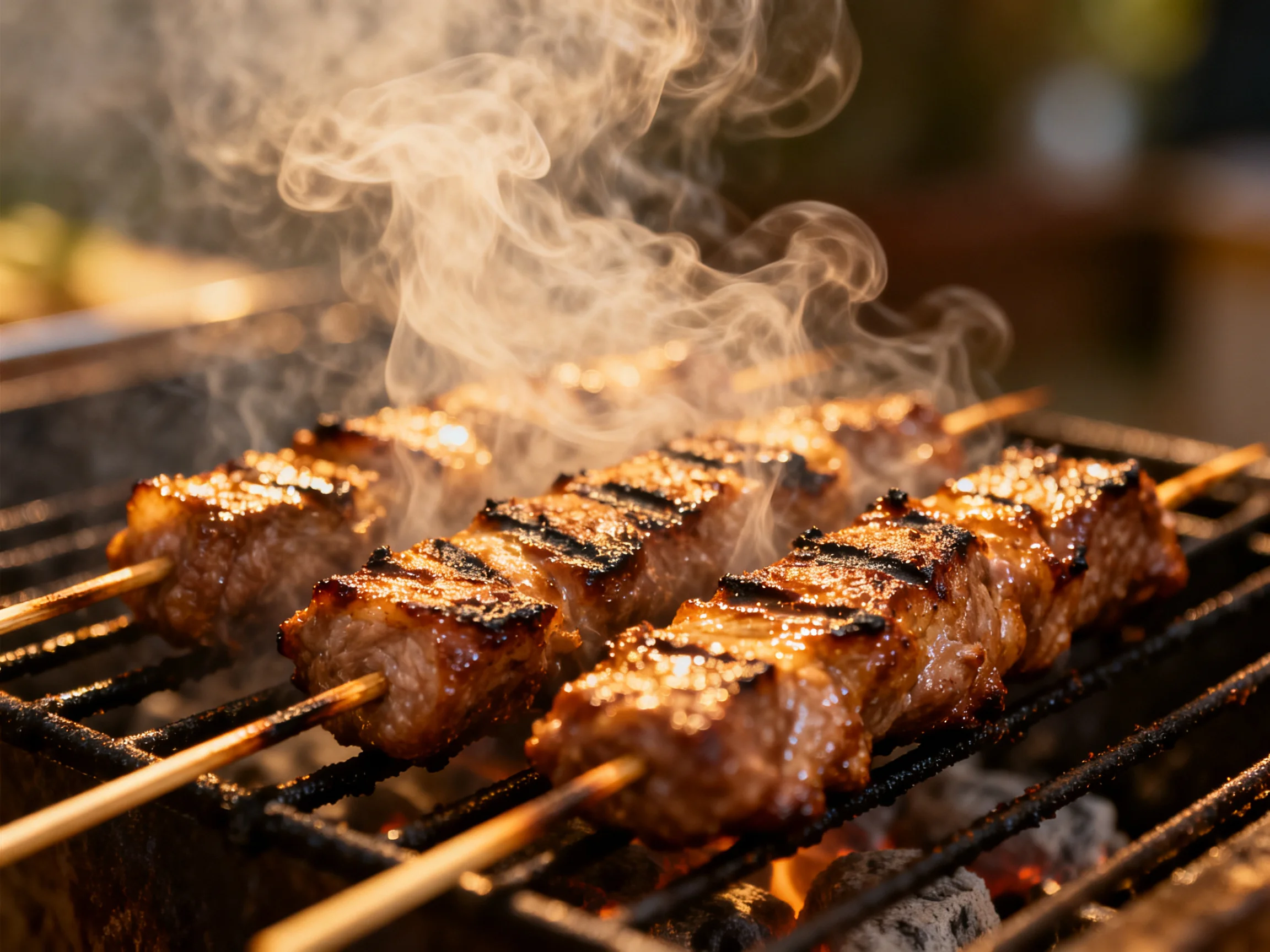 Skewered meats sizzling over hot coals on a black grill