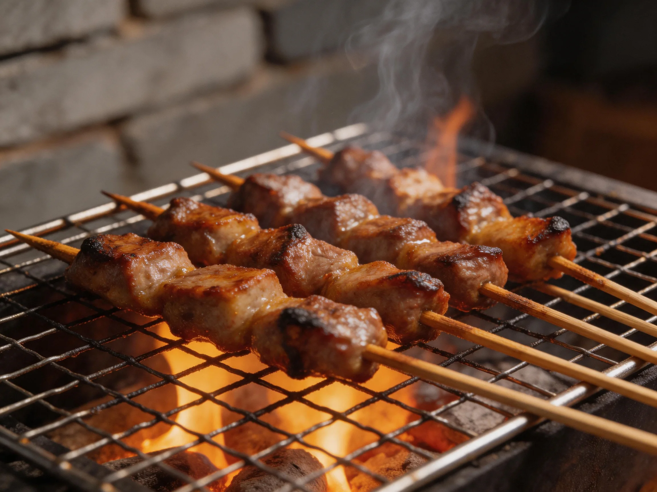 Skewered meats sizzling over open flames on a metal grill