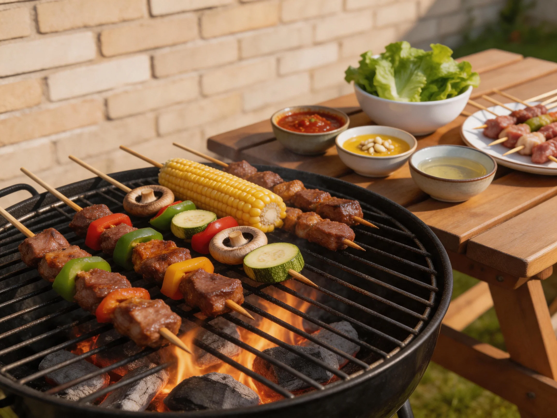 Skewers, corn, and sauce bowls grilled over charcoal outdoors