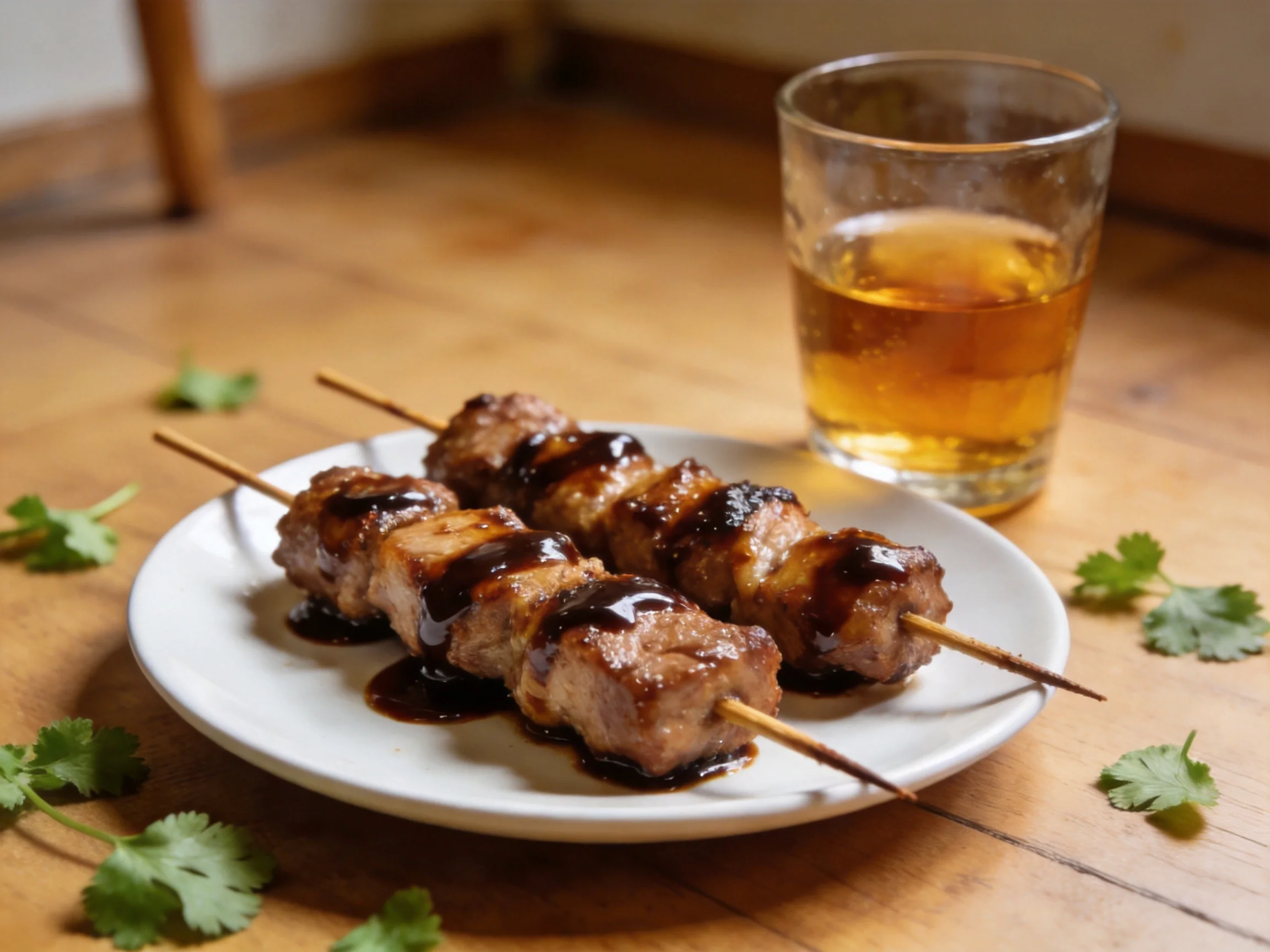 Skewers of glazed meat with dark sauce beside an amber-hued drink