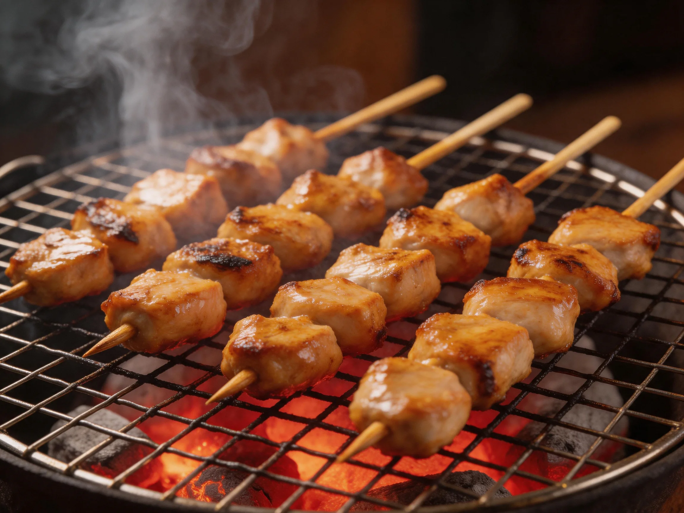 Skewers of golden-brown meat grill over bright orange embers