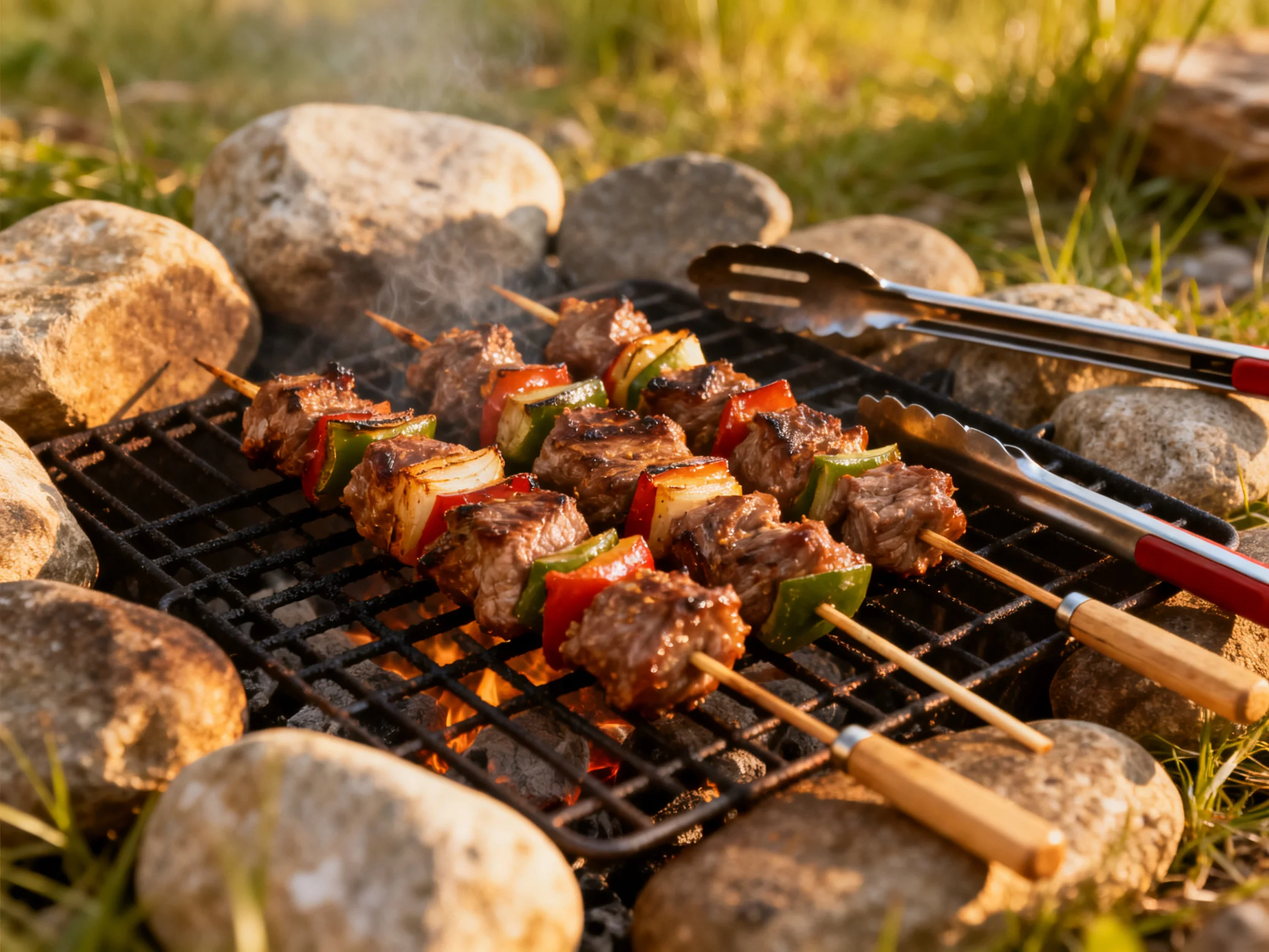Skewers of grilled beef, peppers, onions over a stone fire grill