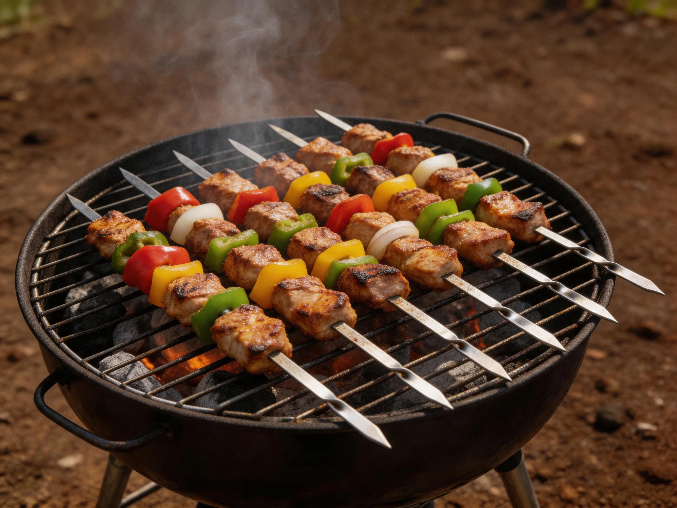 Skewers of grilled meat and colorful vegetables on an outdoor charcoal grill