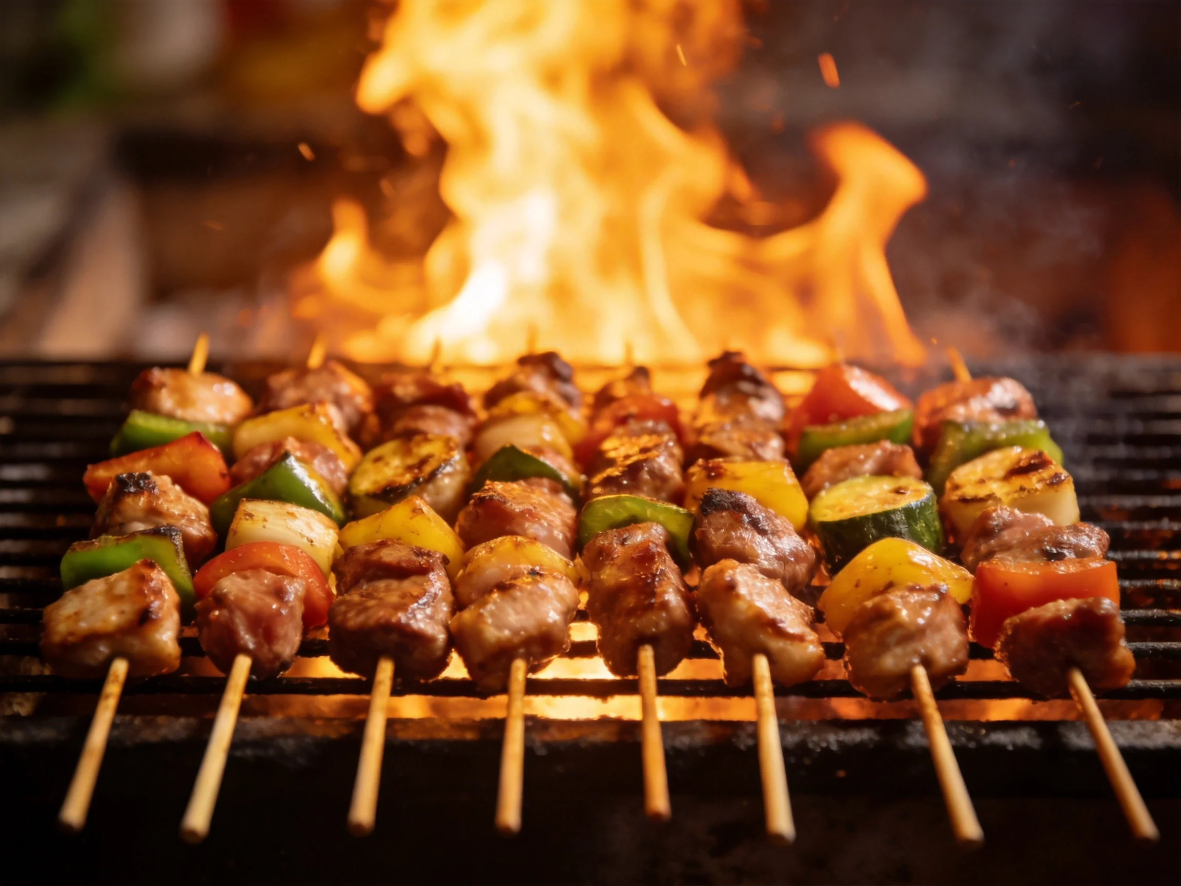 Skewers of grilled meat and colorful vegetables over a blazing fire