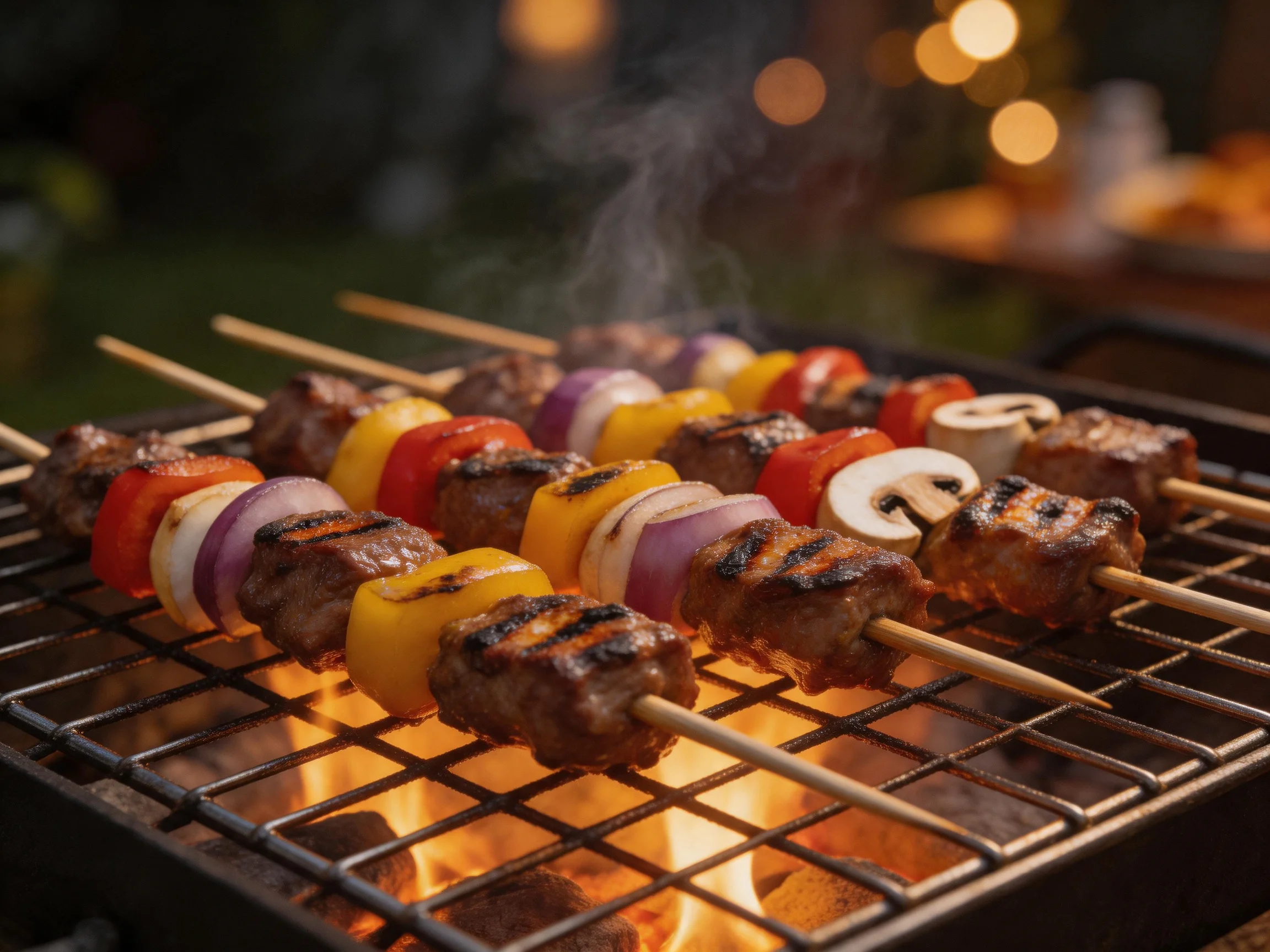 Skewers of grilled meat and colorful vegetables sizzle over an open flame