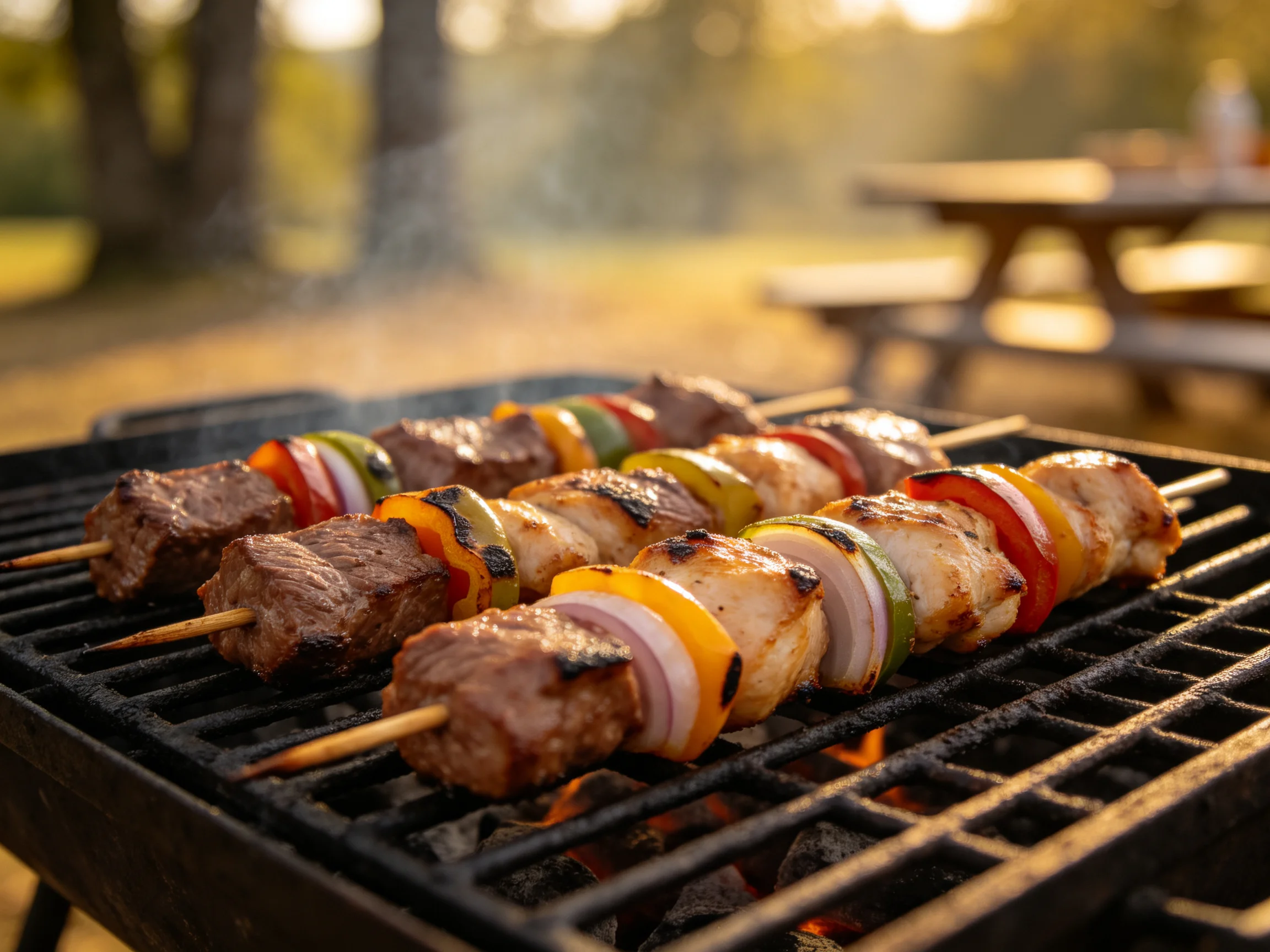 Skewers of grilled meat and colorful veggies on an outdoor charcoal grill