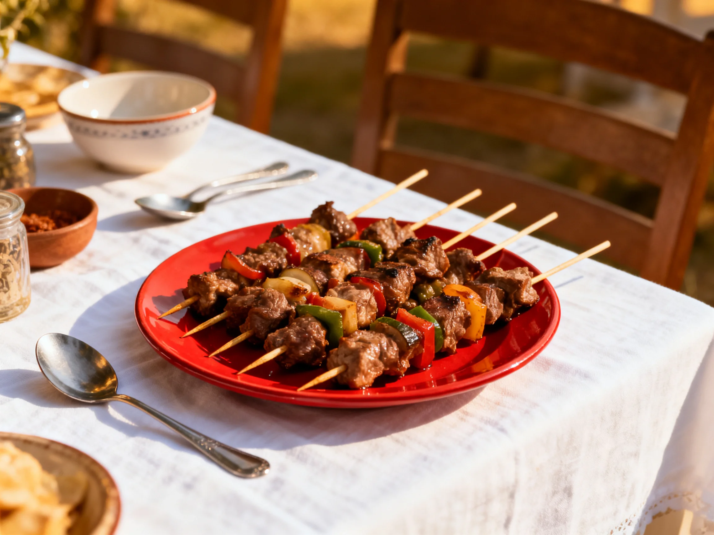 Skewers of grilled meat and peppers on a bright red plate outdoors