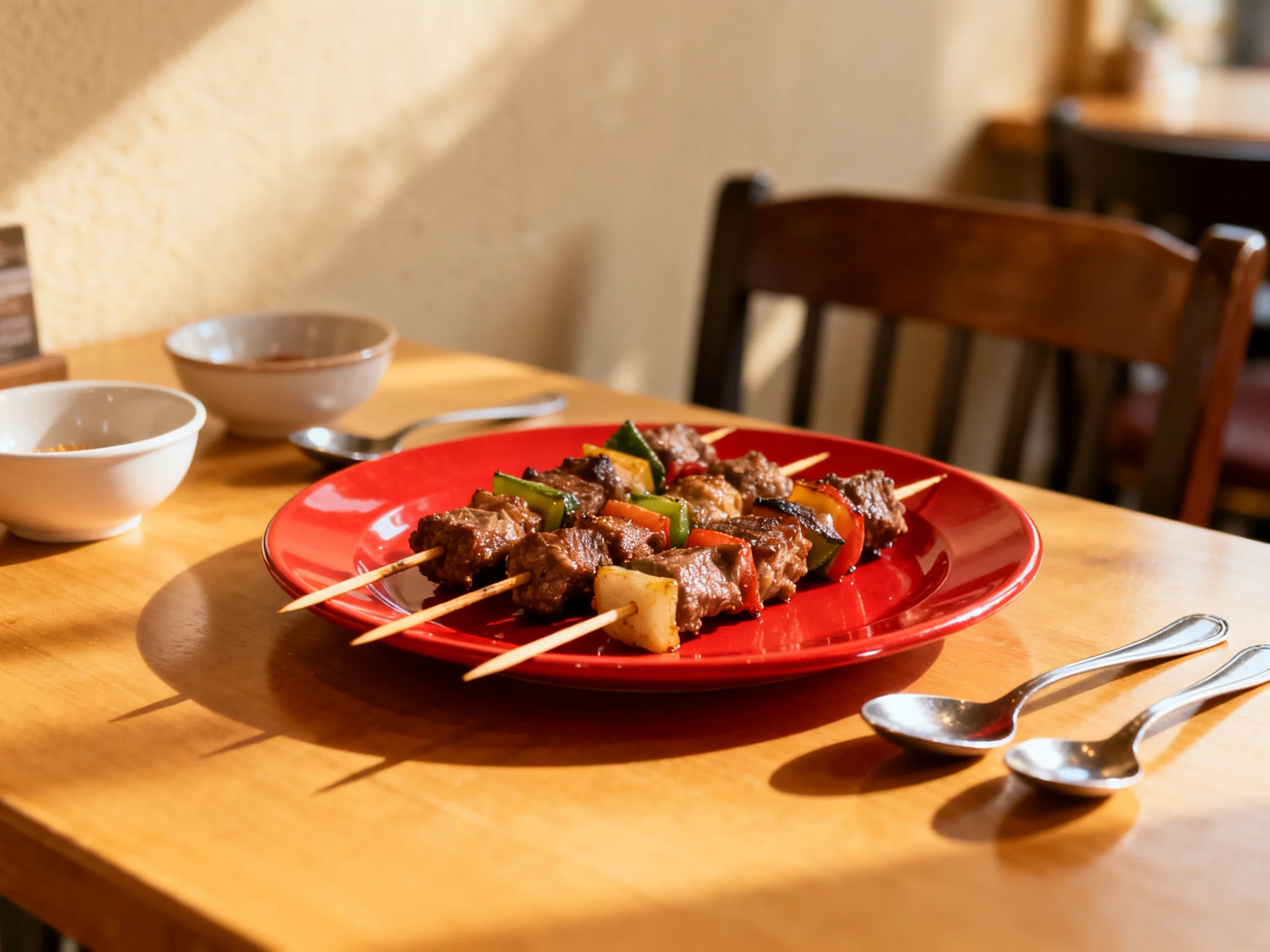 Skewers of grilled meat and vegetables on a bright red plate