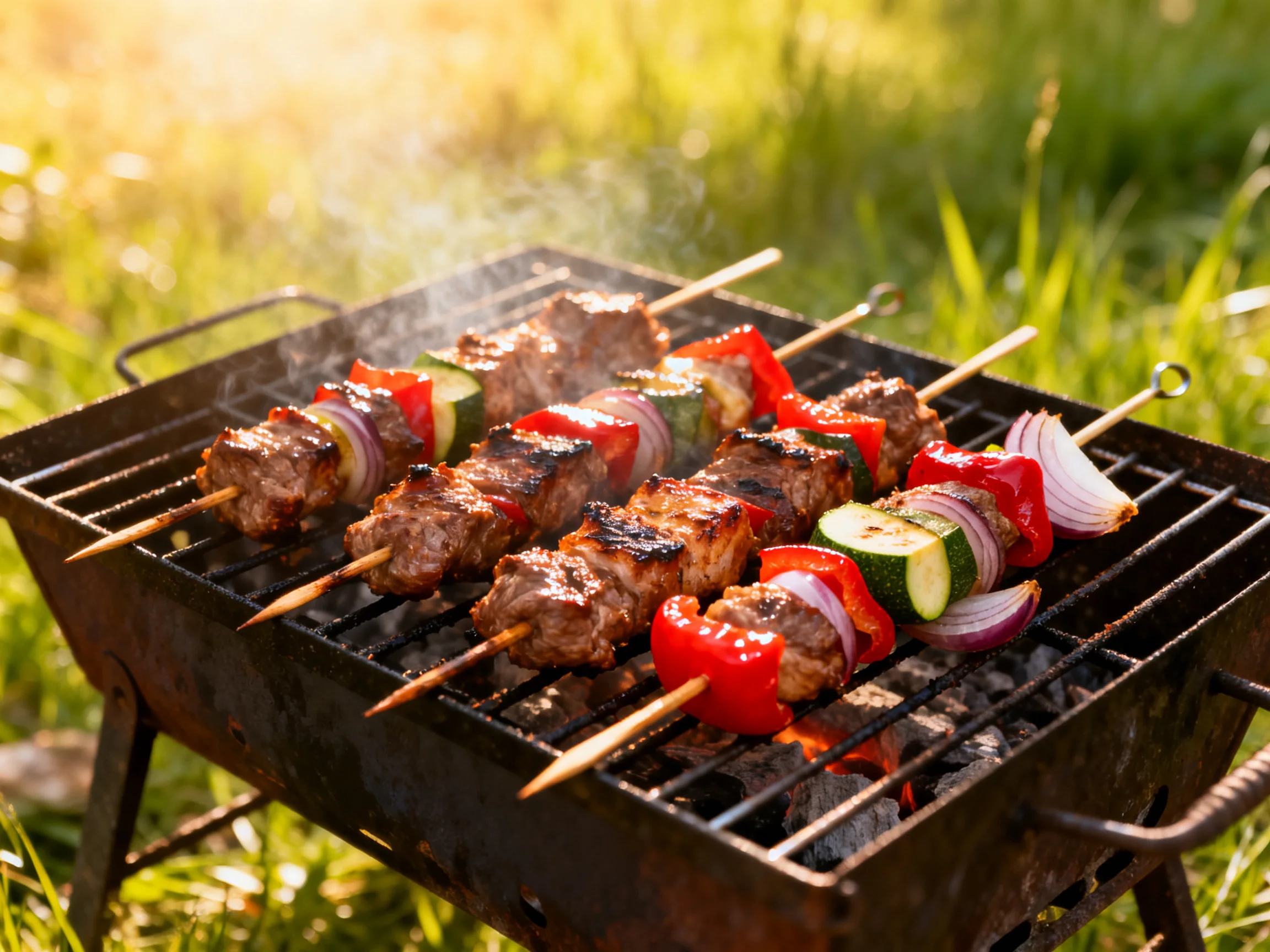Skewers of grilled meat and vegetables on an outdoor charcoal grill