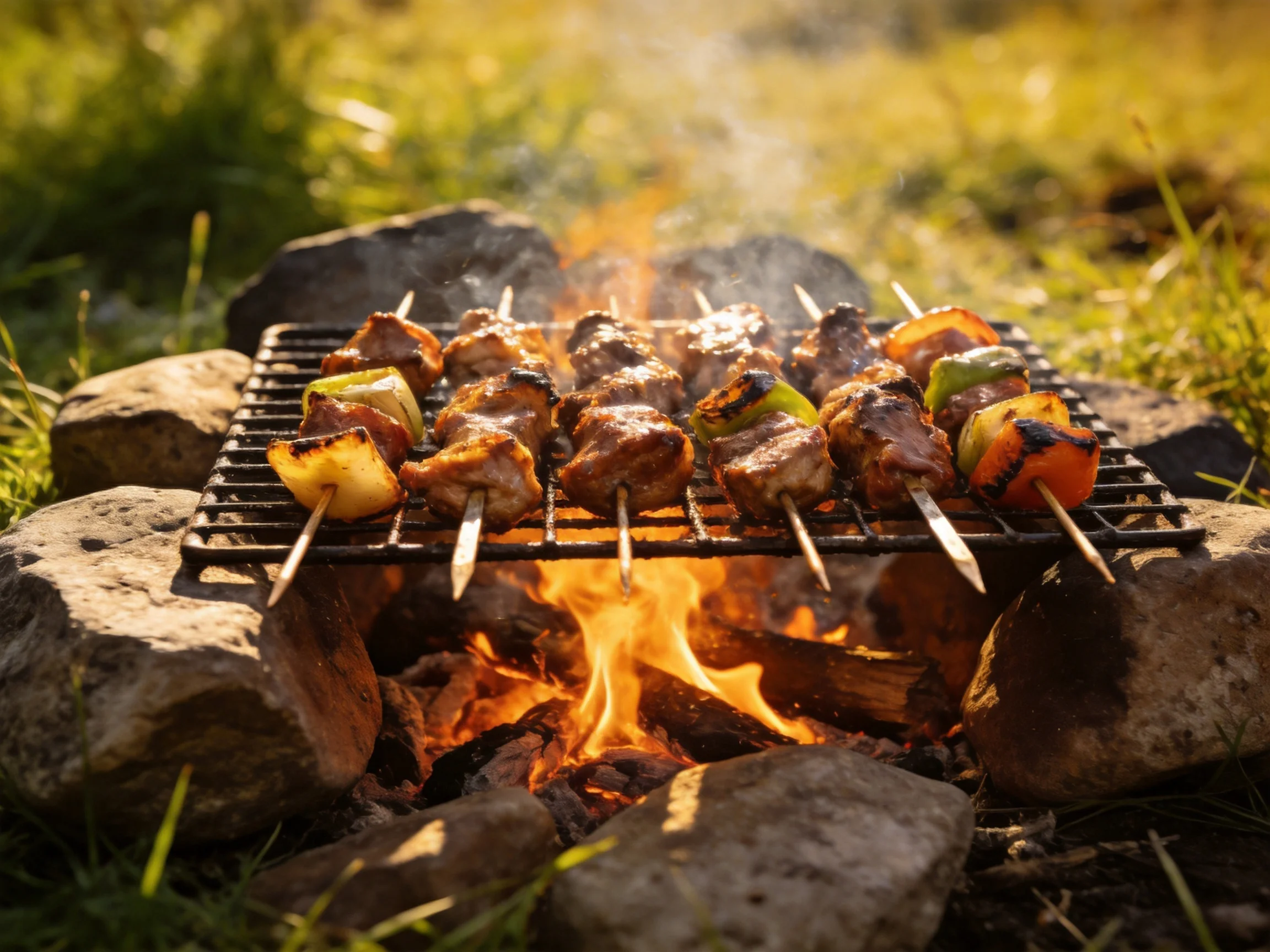 Skewers of grilled meat and vegetables over a stone-built campfire