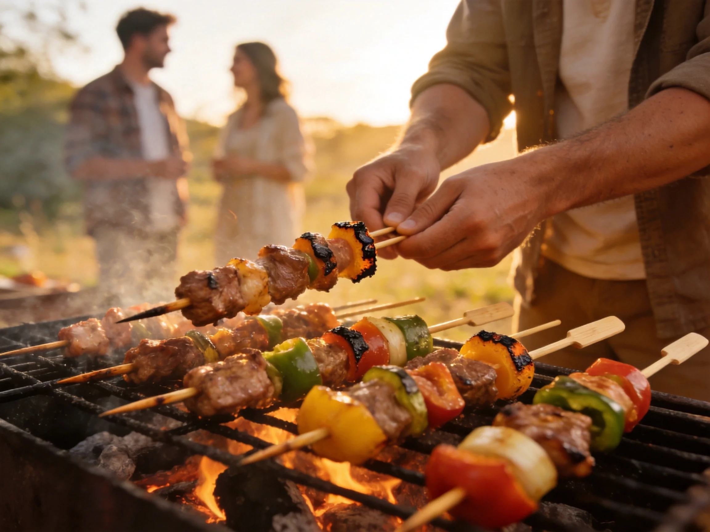 Skewers of grilled meat and vegetables sizzle over an open flame in a sunny outdoor setting.