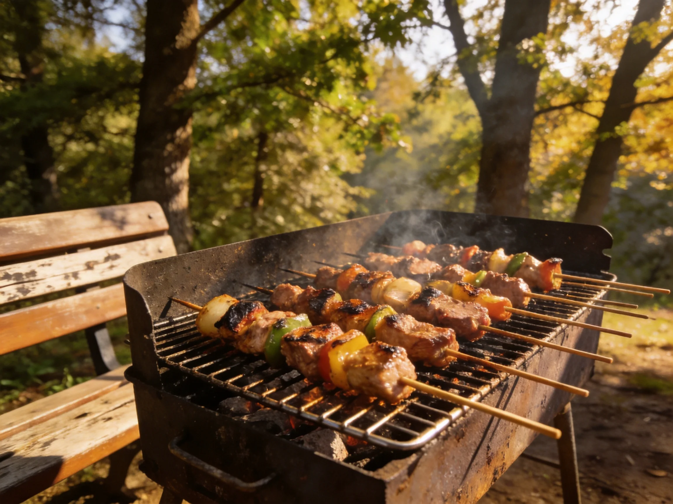 Skewers of grilled meat and veggies cook on an old charcoal grill by a wooden bench