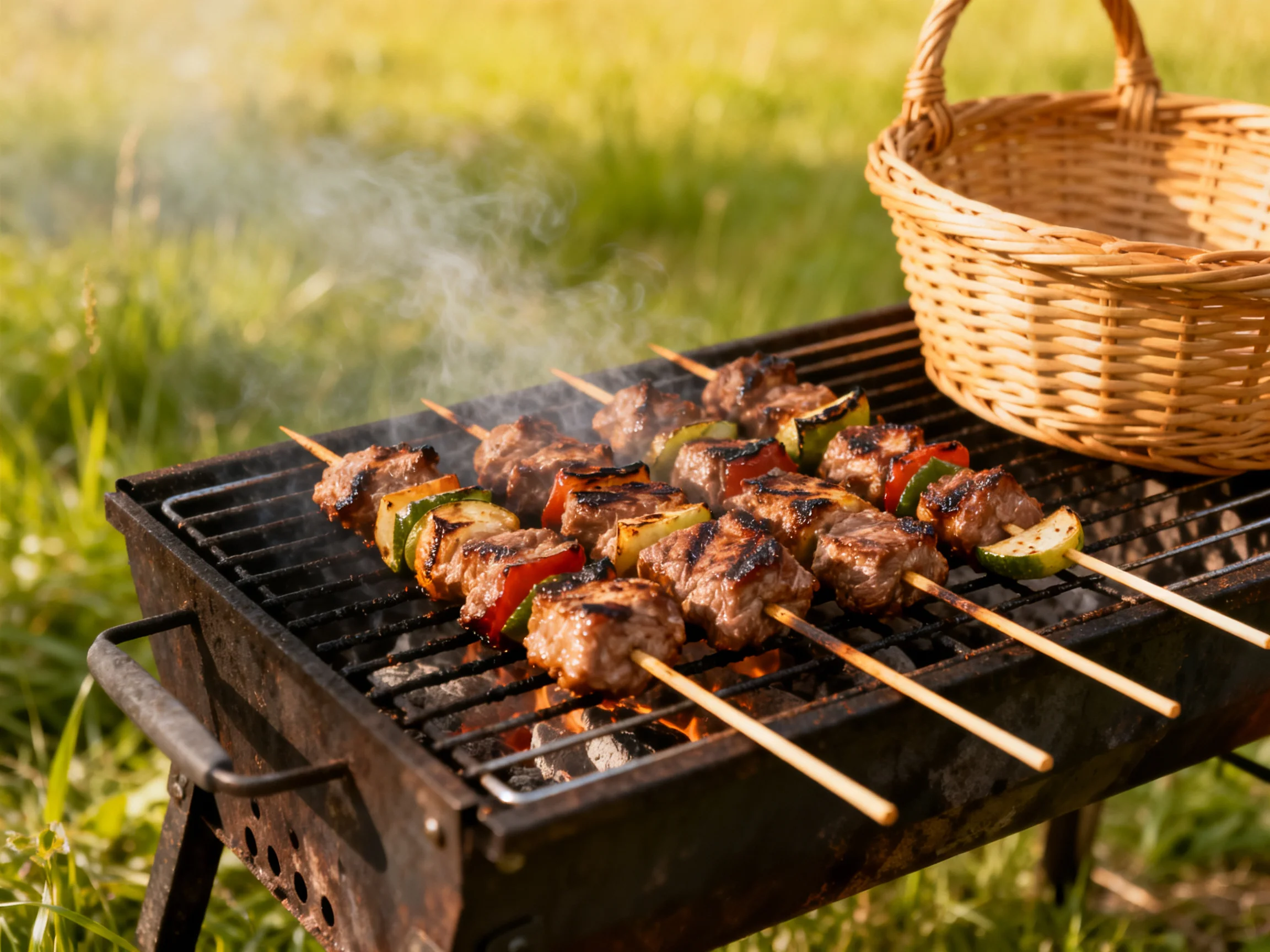 Skewers of grilled meat and veggies on an outdoor charcoal grill with a wicker basket