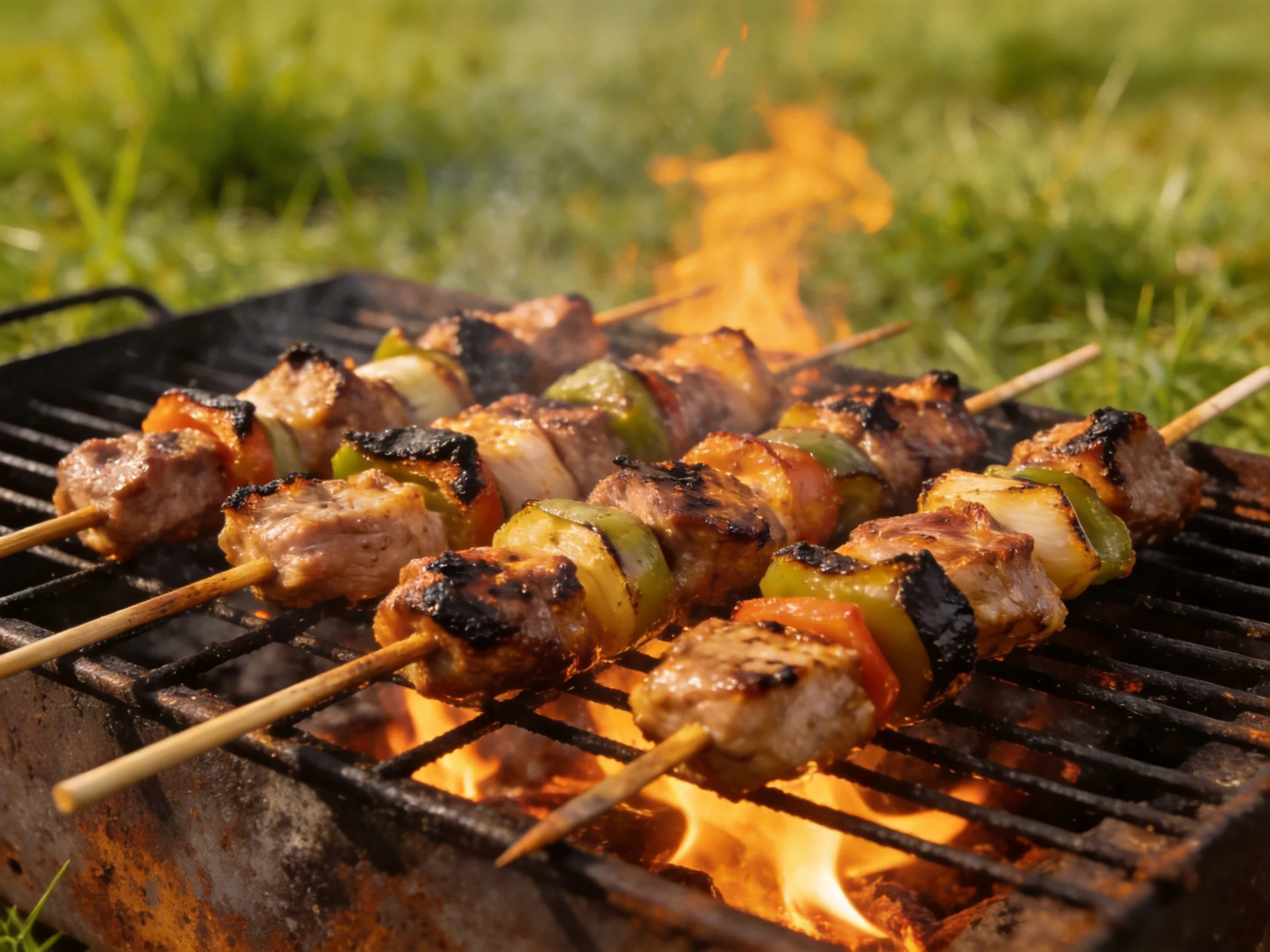 Skewers of grilled meat and veggies sizzle over an open flame