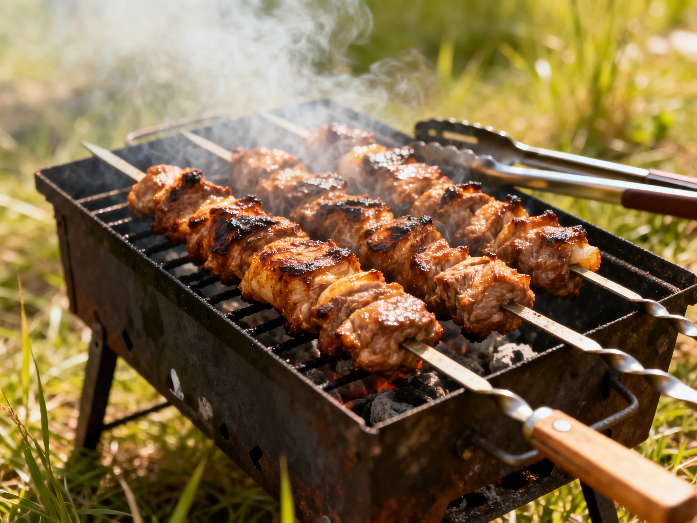 Skewers of grilled meat cook over charcoal in a sunny outdoor setting