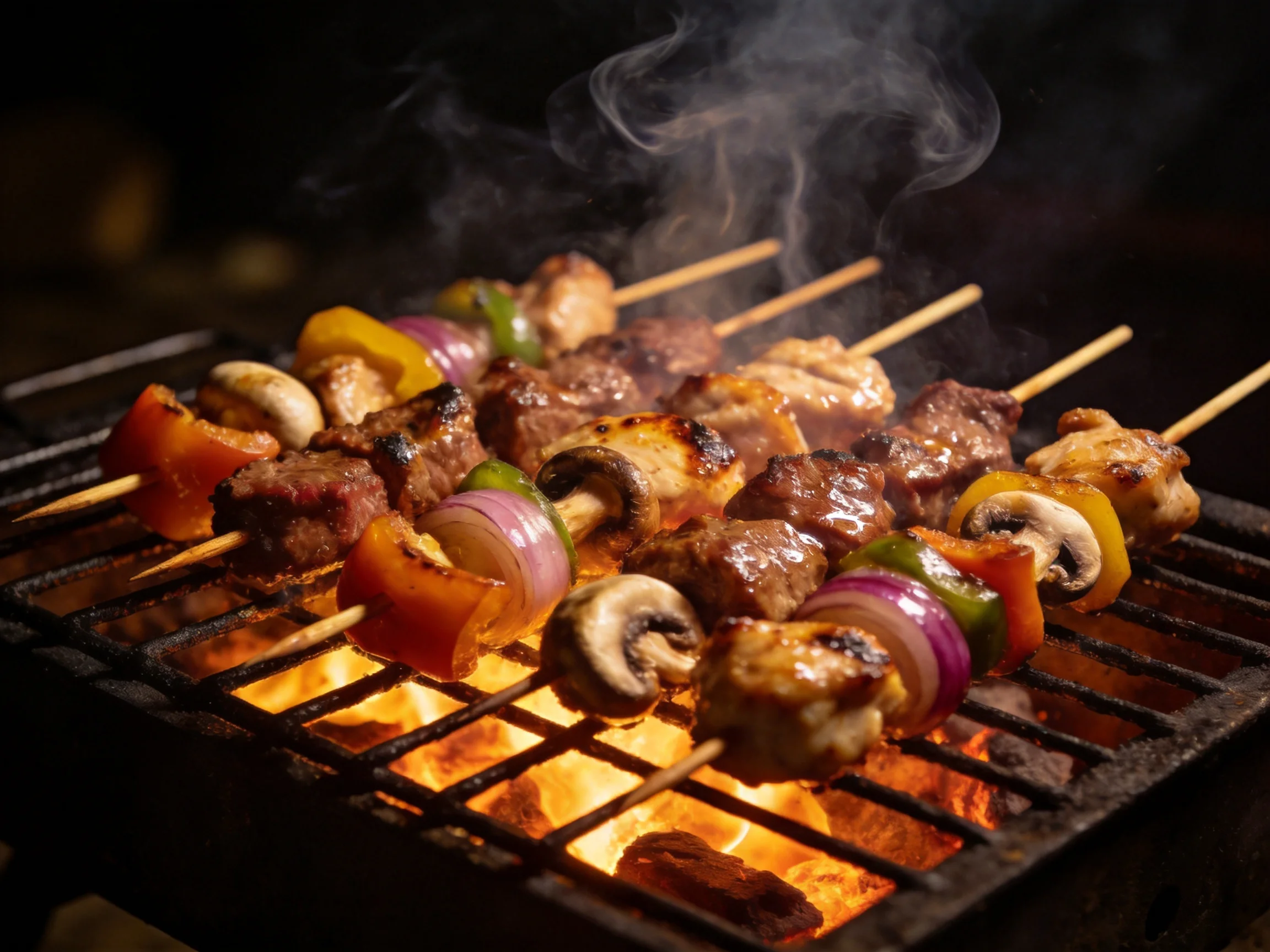 Skewers of grilled meat, vegetables, and mushrooms sizzle over open flames
