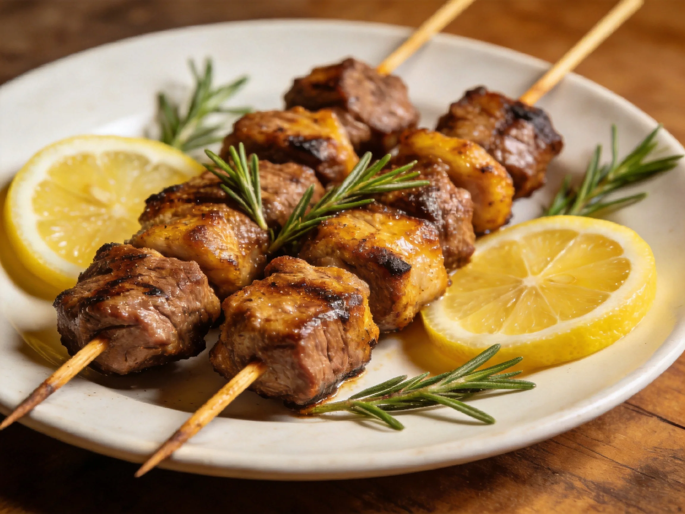 Skewers of grilled meat with lemon slices and rosemary