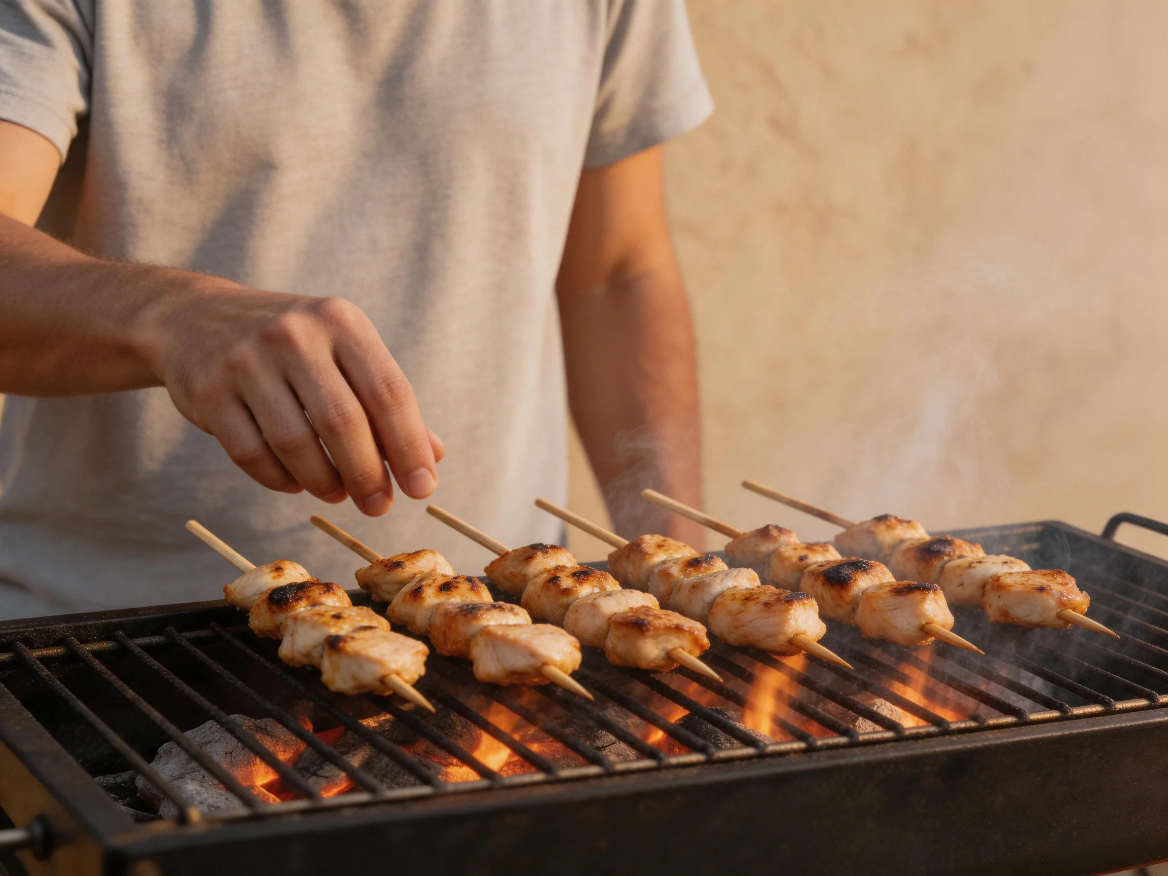 Skewers of marinated chicken grilling over charcoal embers