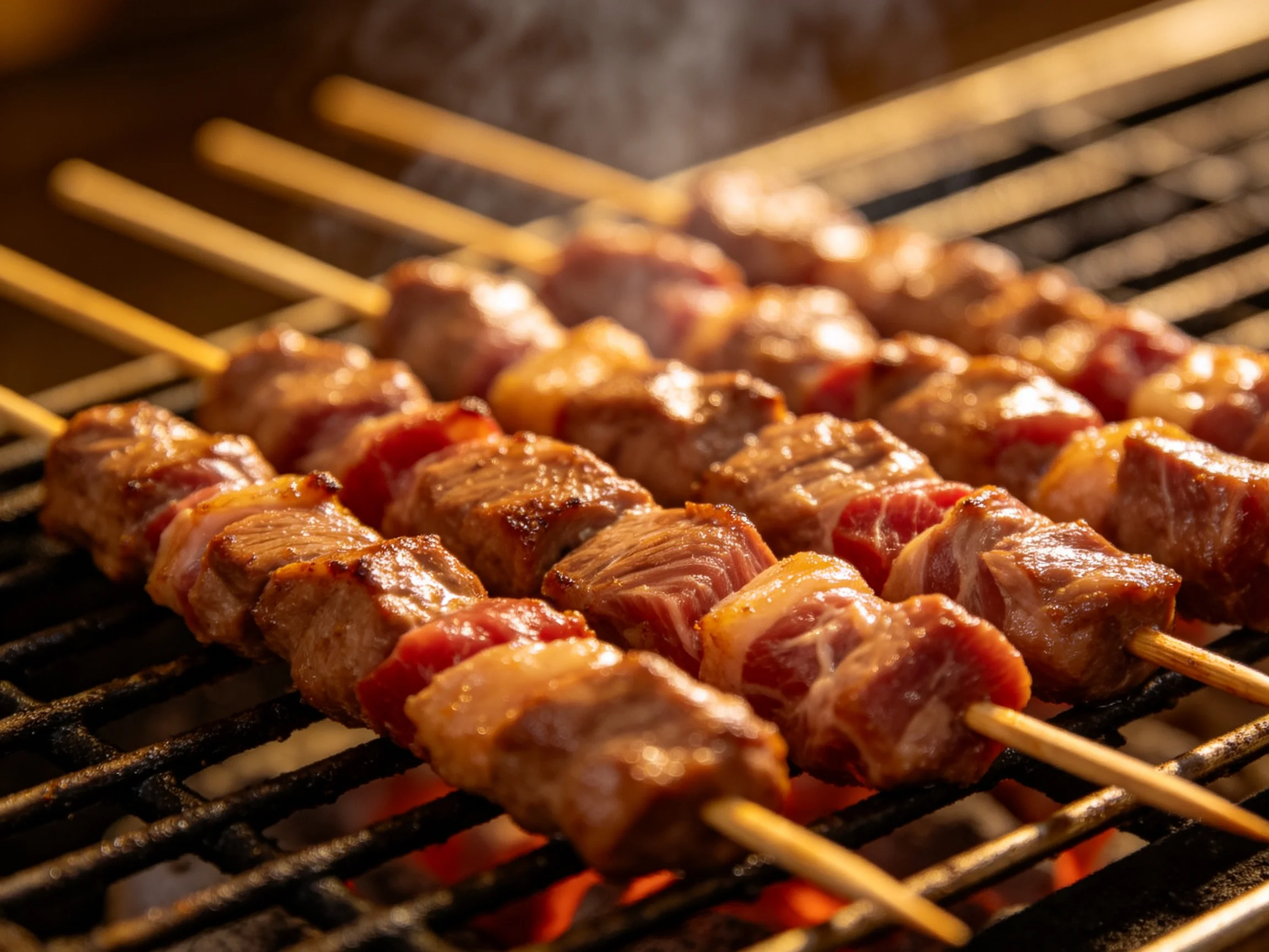 Skewers of marinated meat grilling over glowing embers