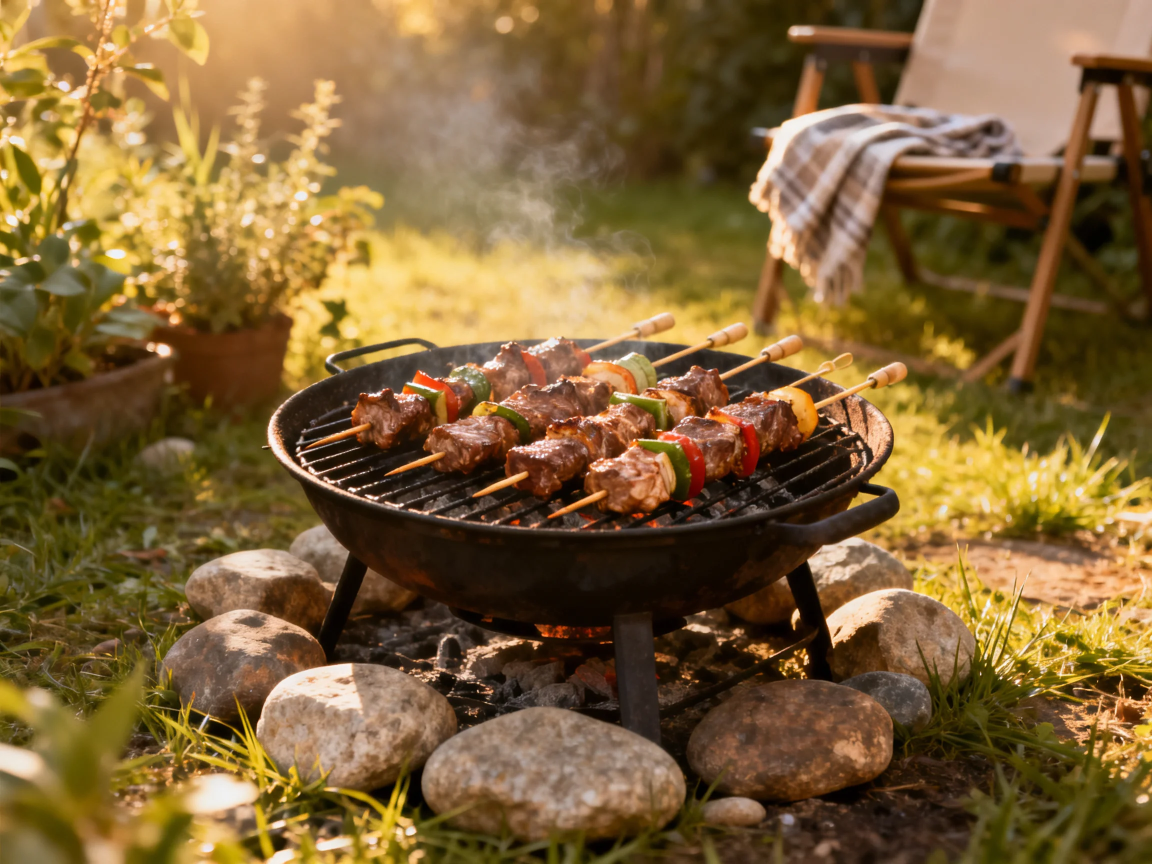 Skewers of meat and colorful veggies cook on a black charcoal grill in a sunny backyard