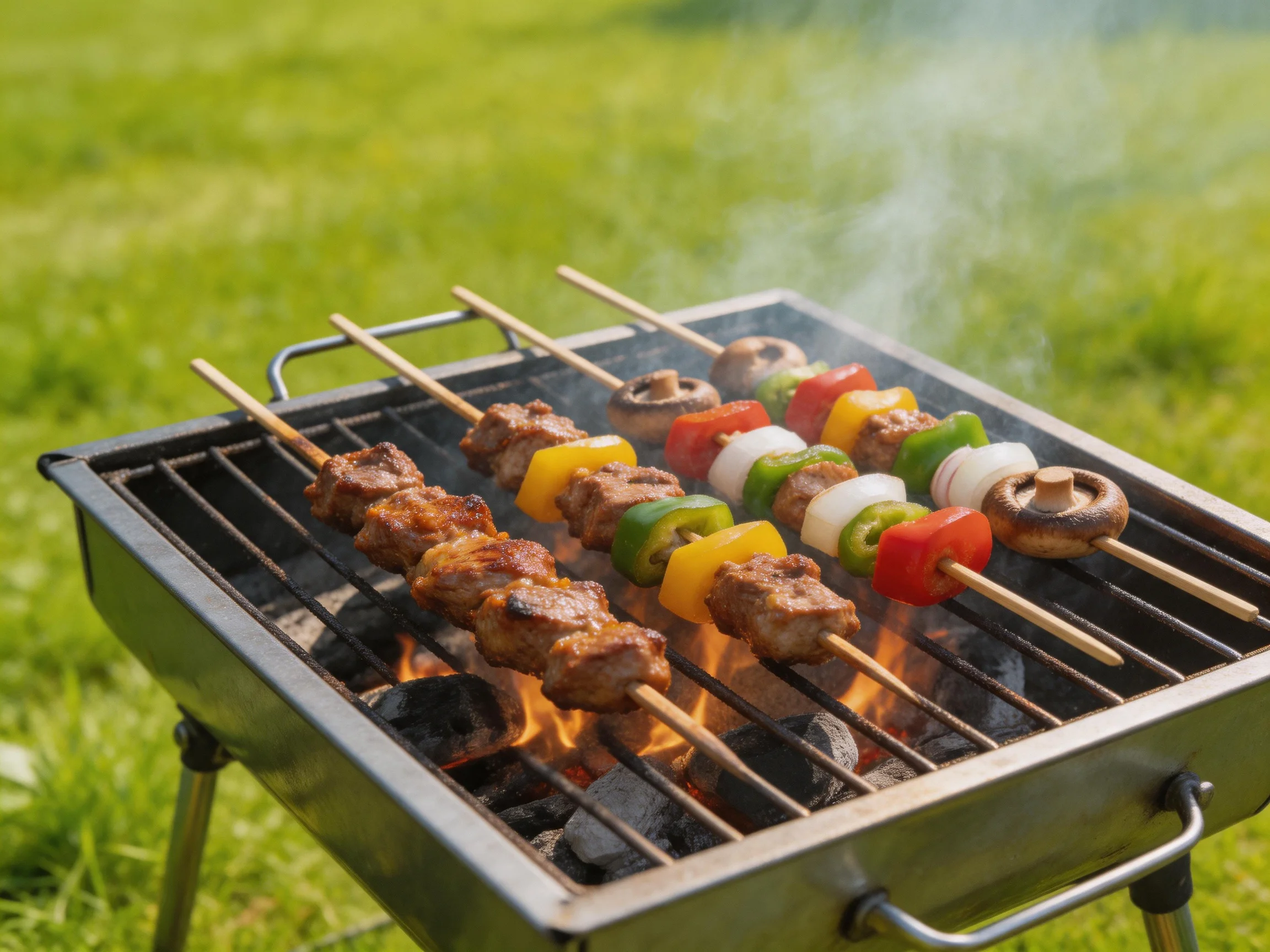 Skewers of meat and colorful veggies sizzle on an outdoor charcoal grill