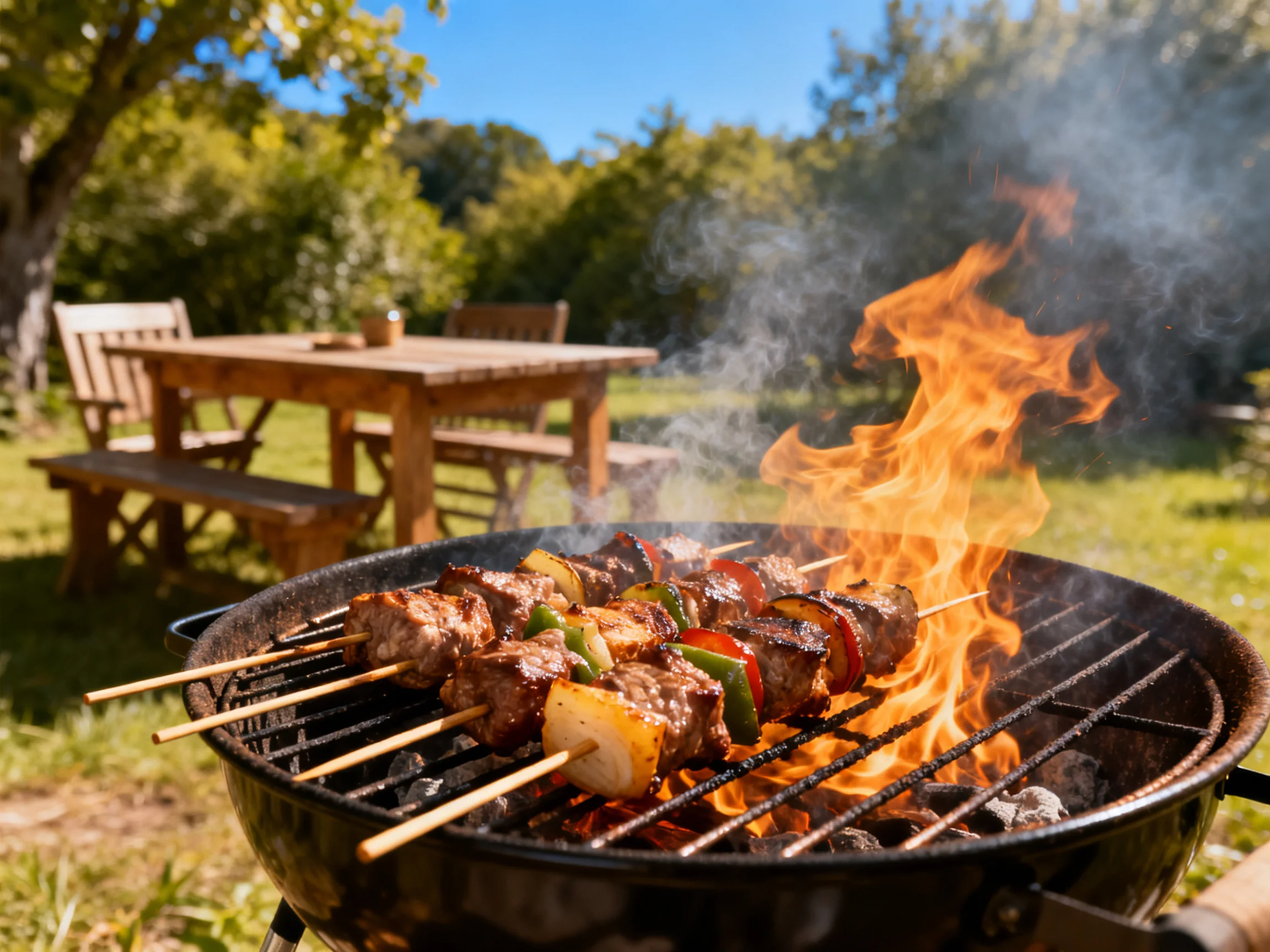 Skewers of meat and veggies sizzle over a flaming charcoal grill outdoors