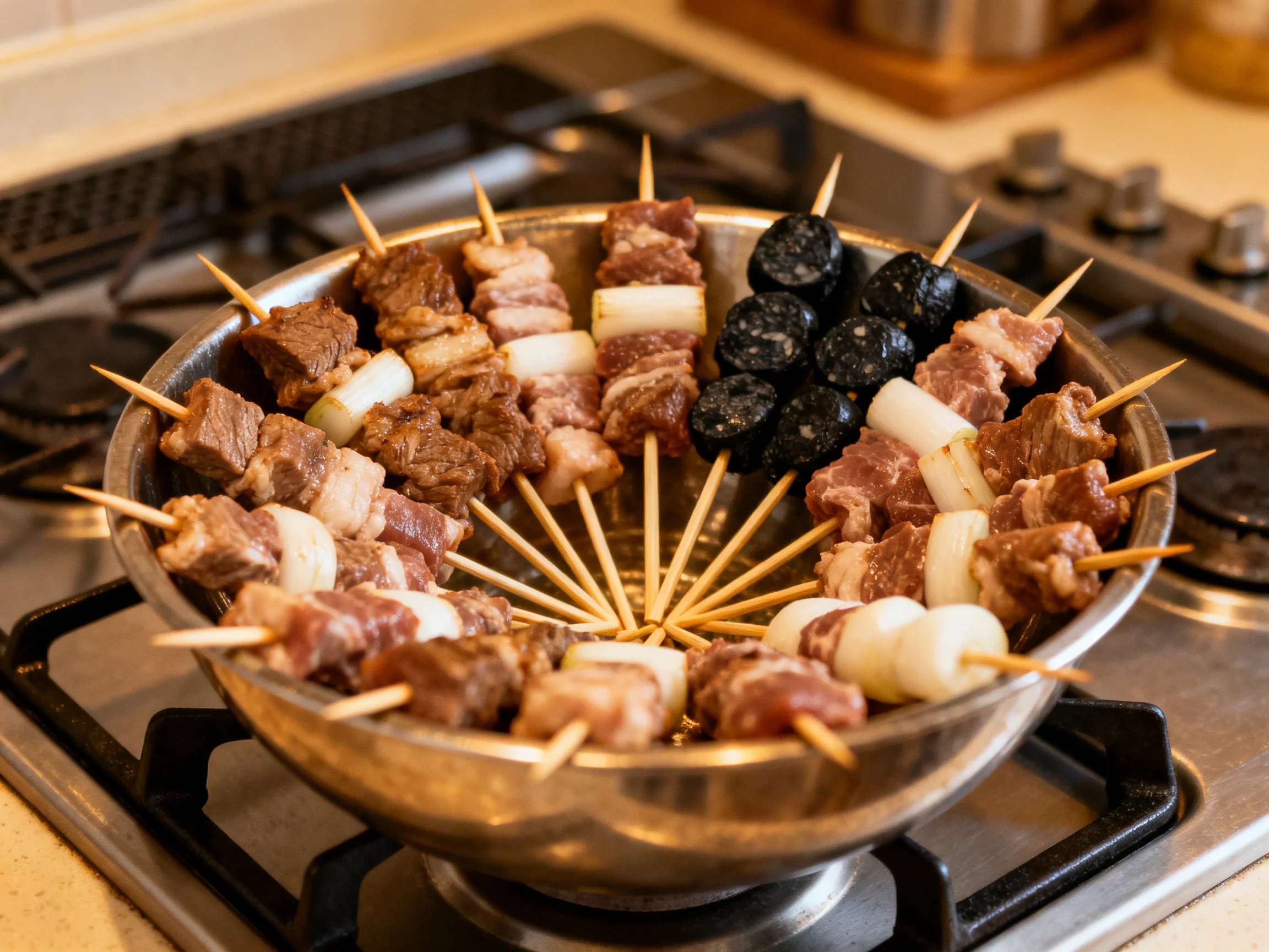 Skewers of mixed meats, onion, and black sausage in a metal bowl on a stove